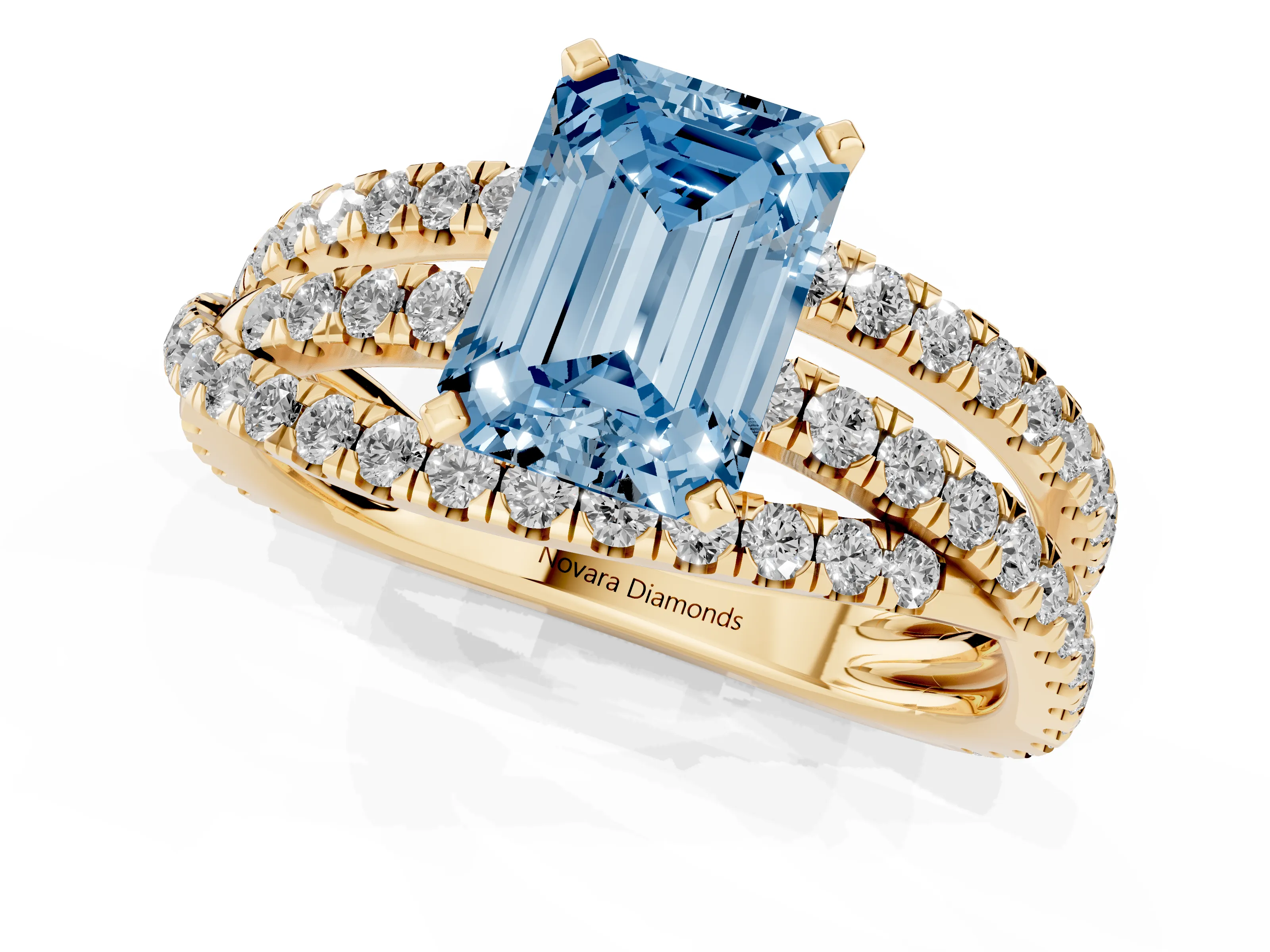 Fancy Blue Emerald Cut Diamond Solitaire Twist Band Ring Set in Yellow gold with Pavé Setting and Prong Head