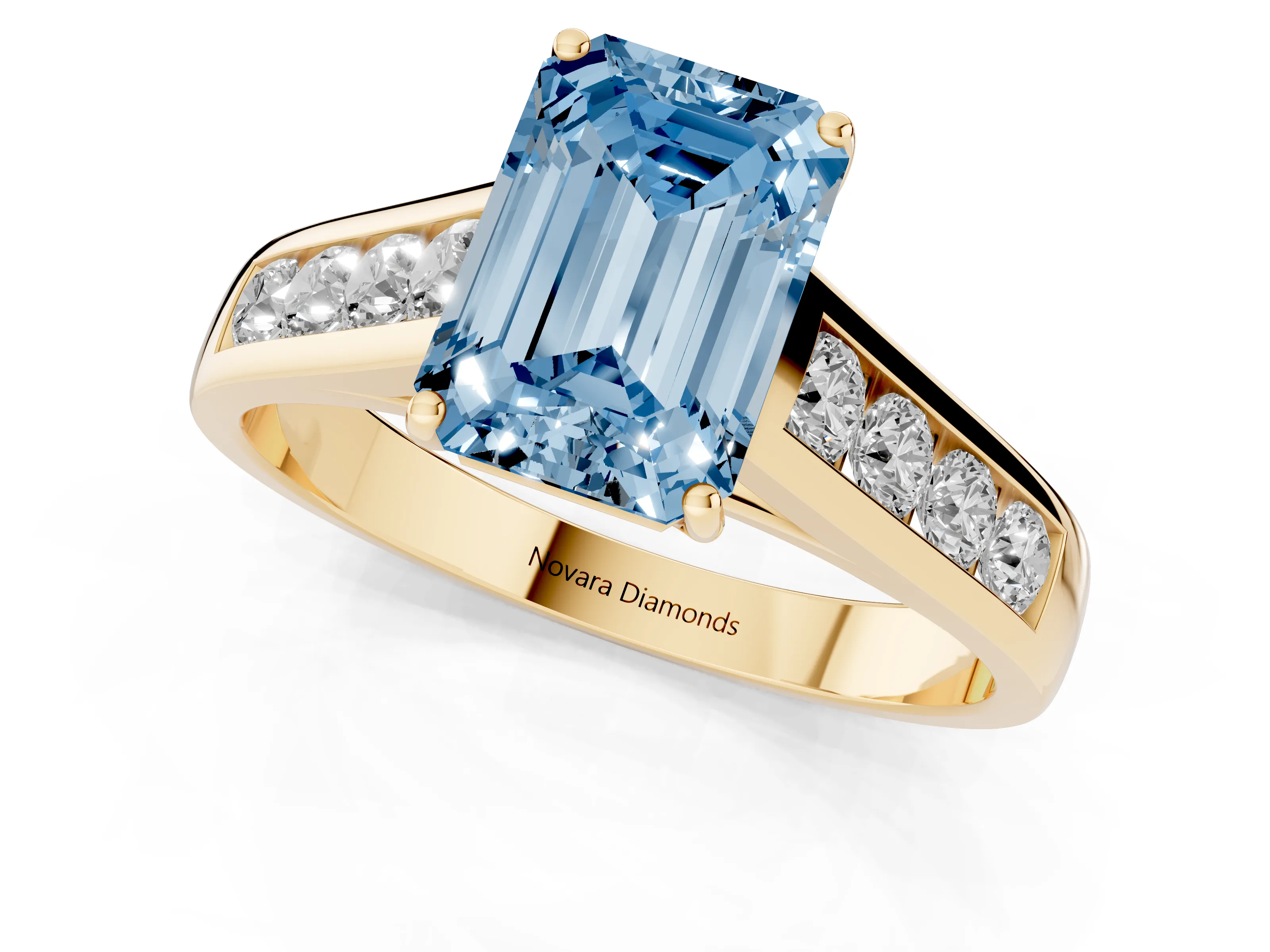 Fancy Blue Emerald Cut Diamond Solitaire Channel-Set Engagement Ring Set in Yellow gold with Prong Setting