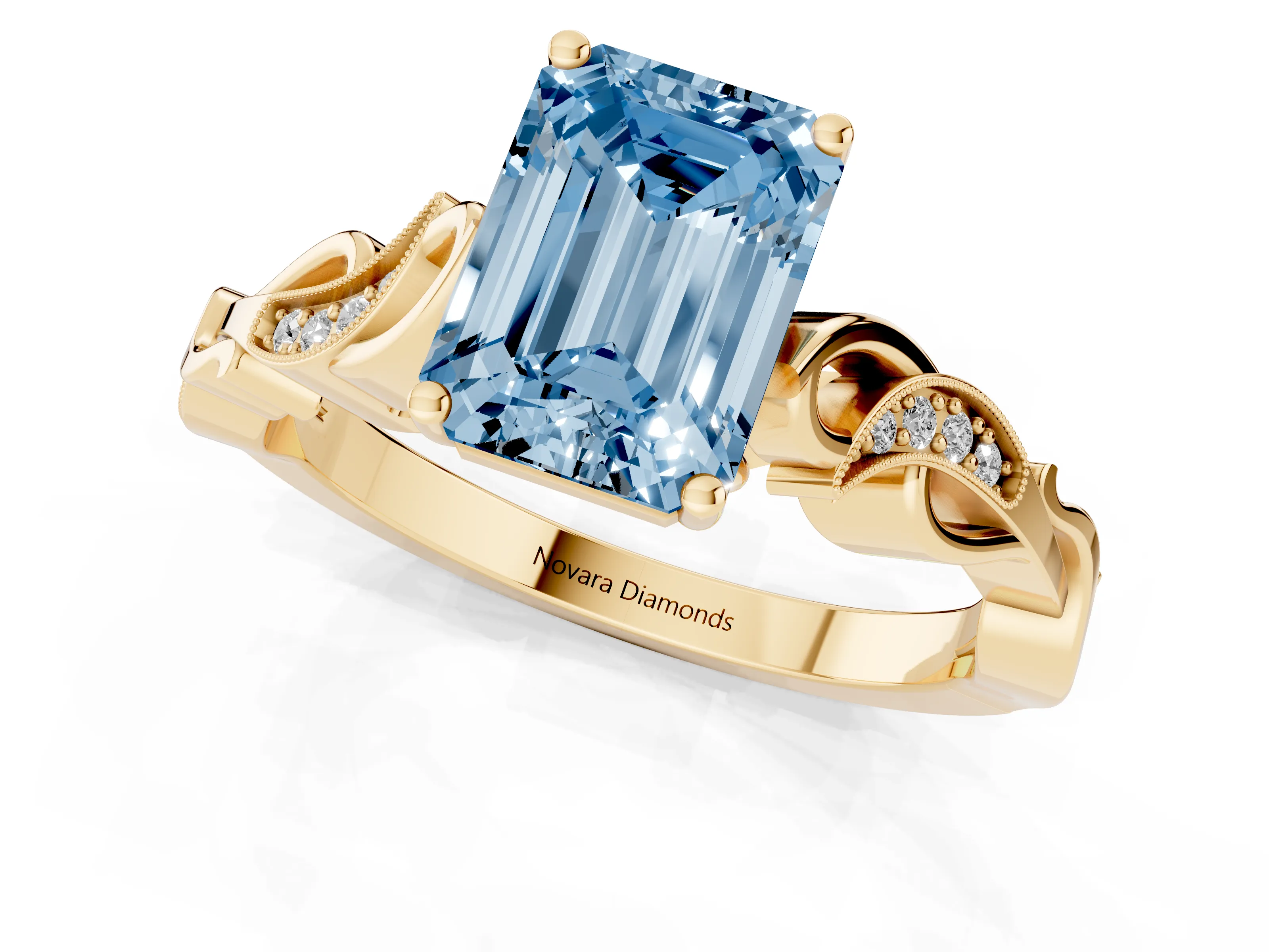 Fancy Blue Emerald Cut Diamond Vine Band Solitaire Ring Set in Yellow gold with Milgrain Prong Setting