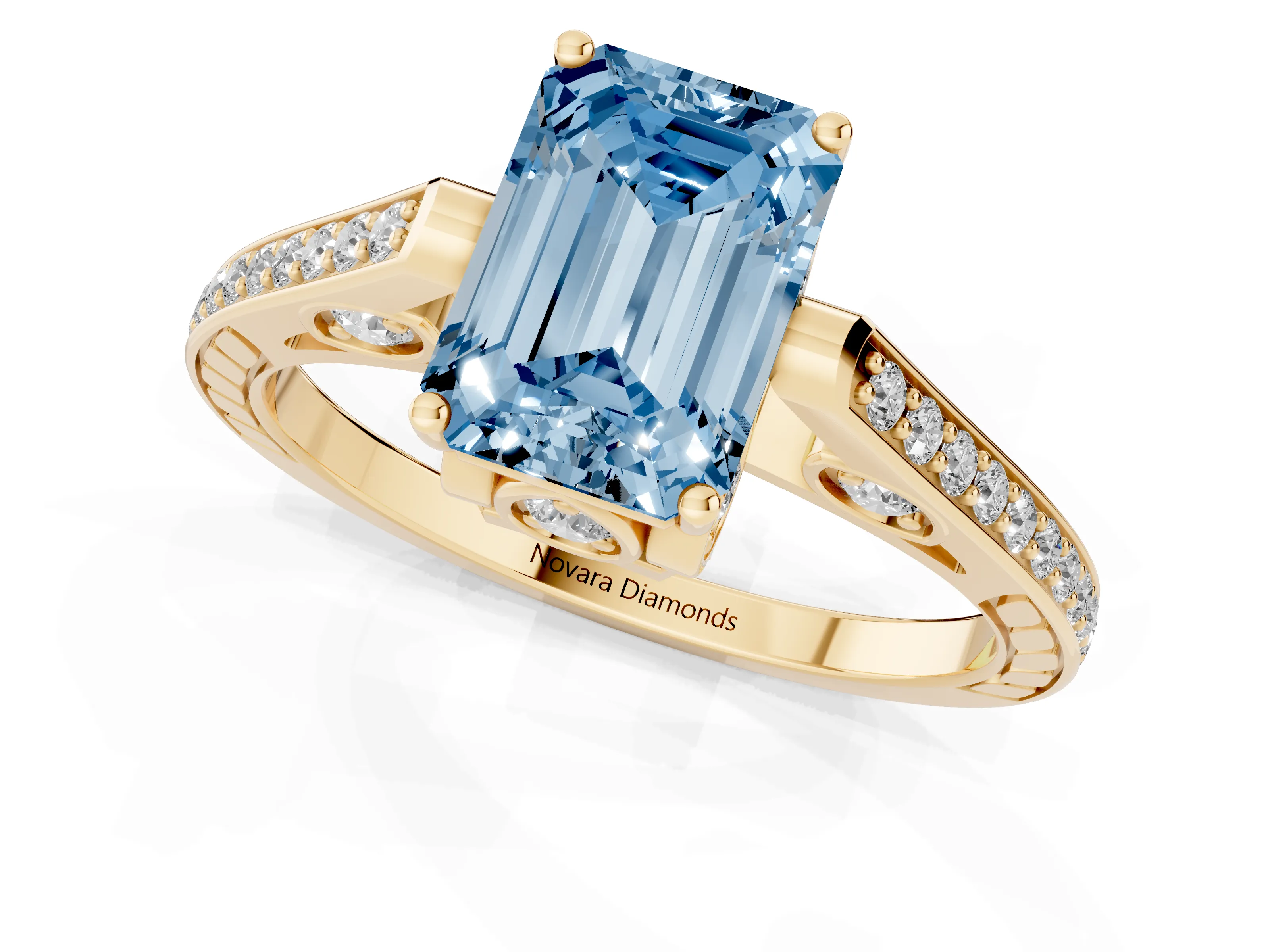 Fancy Blue Emerald Cut Diamond Cathedral Pavé Engagement Ring Set in Yellow gold with Prong Setting