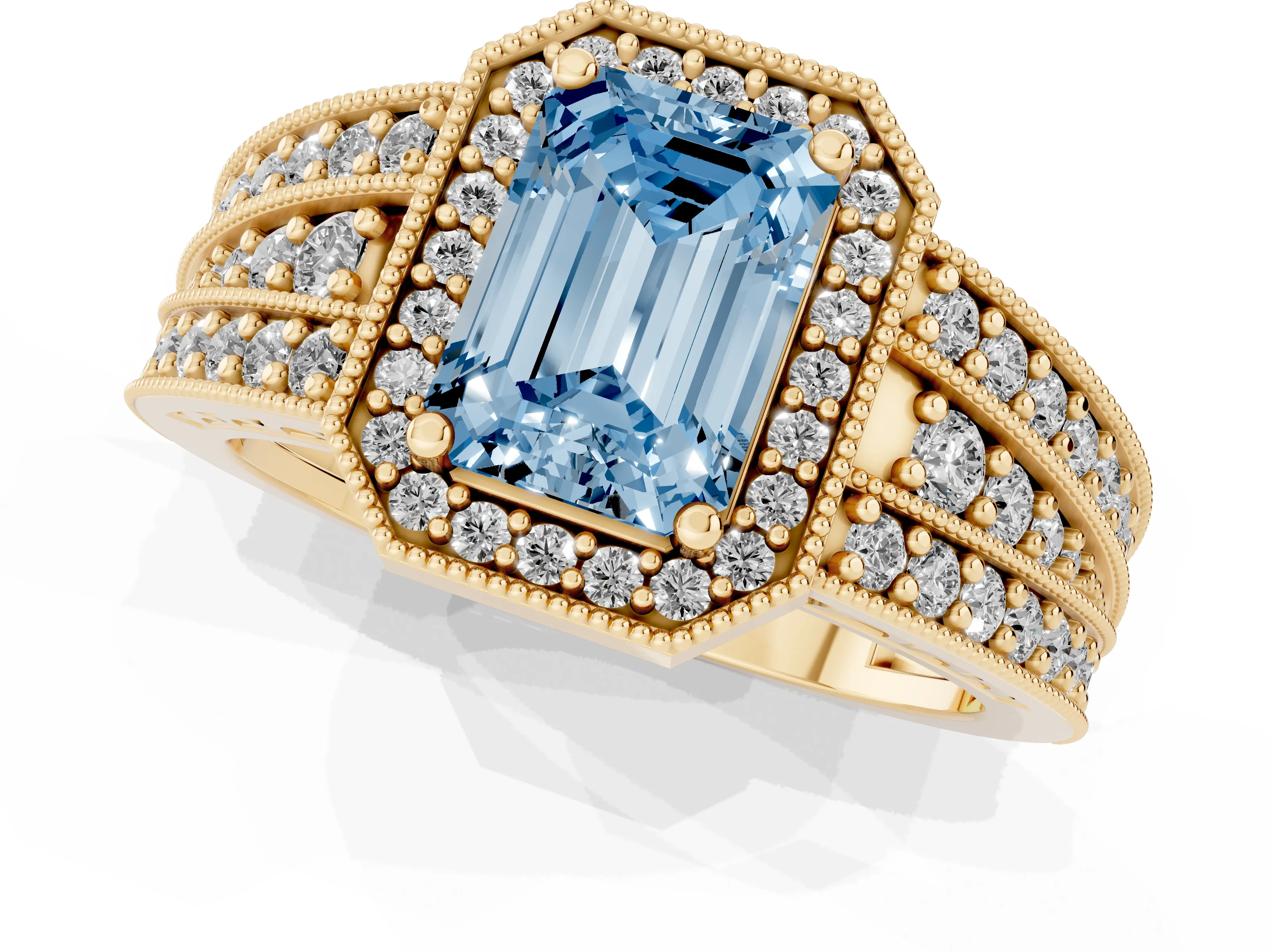 Fancy Blue Emerald Cut Diamond Halo Ring Set in Yellow gold with Accent Split Shank and Prong Setting