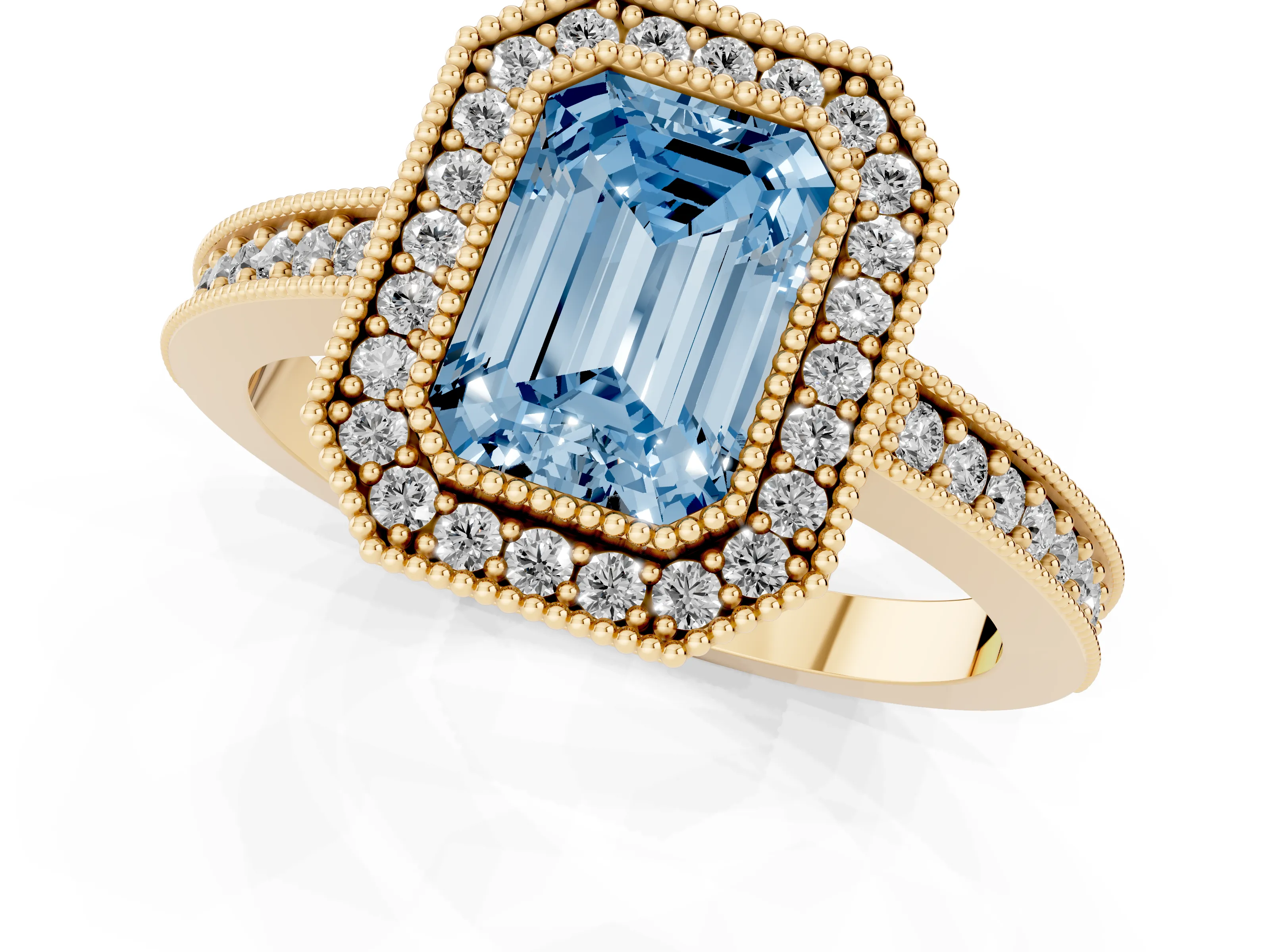 Fancy Blue Emerald Cut Diamond Halo Engagement Ring Set in Yellow gold with Pavé Band and Round Halo Stones