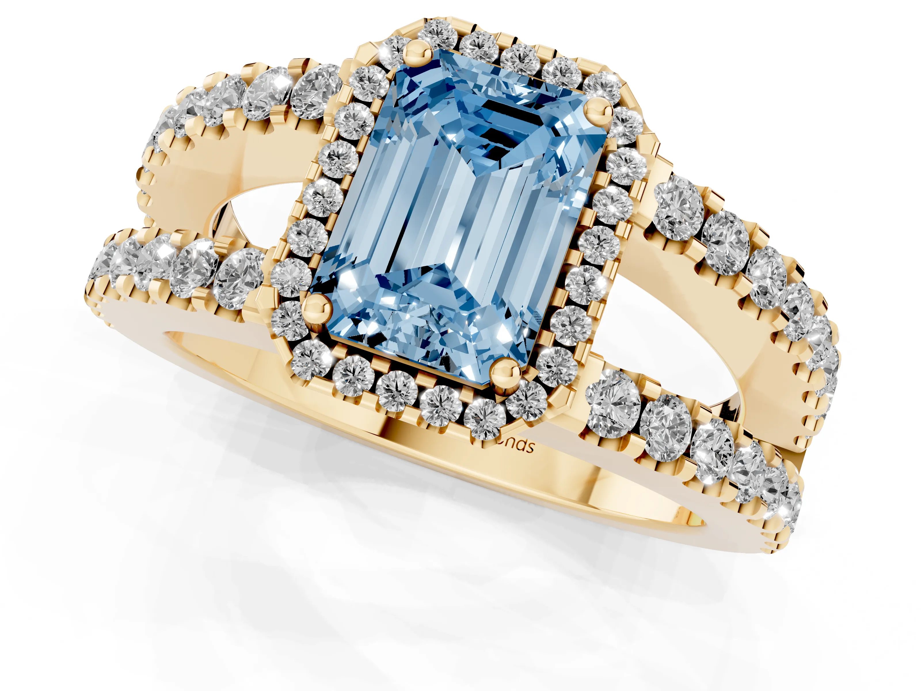 Fancy Blue Emerald Cut Diamond Halo Ring Set in Yellow gold with Pavé Split Shank and Prong Setting