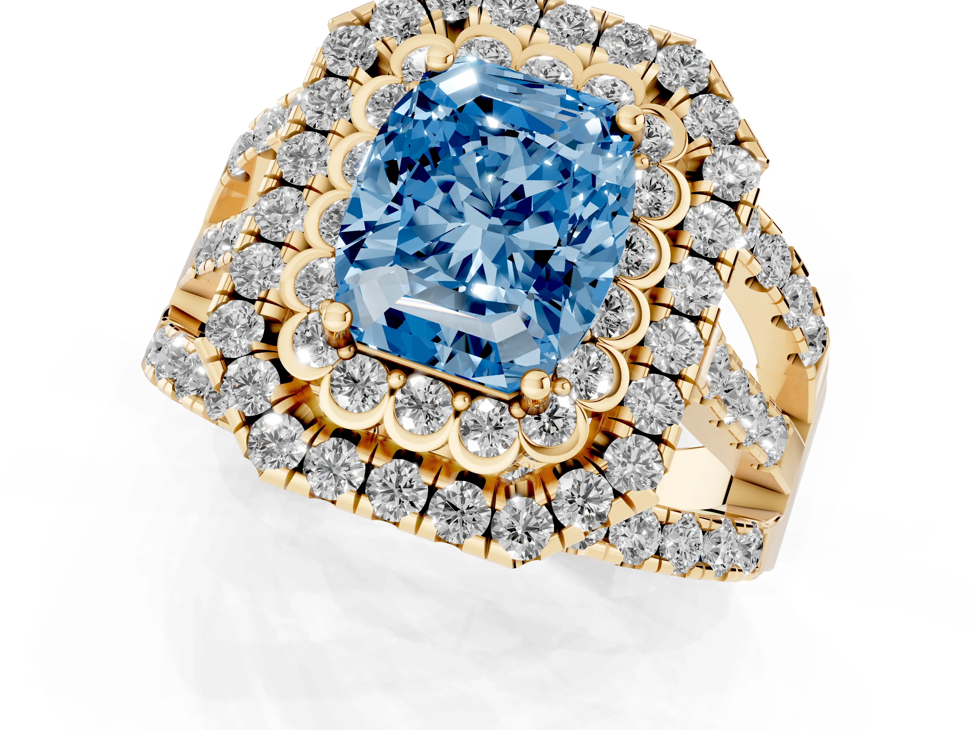 Fancy Blue Emerald Cut Diamond Double Halo Ring Set in Yellow gold with Round Pavé Split Shank