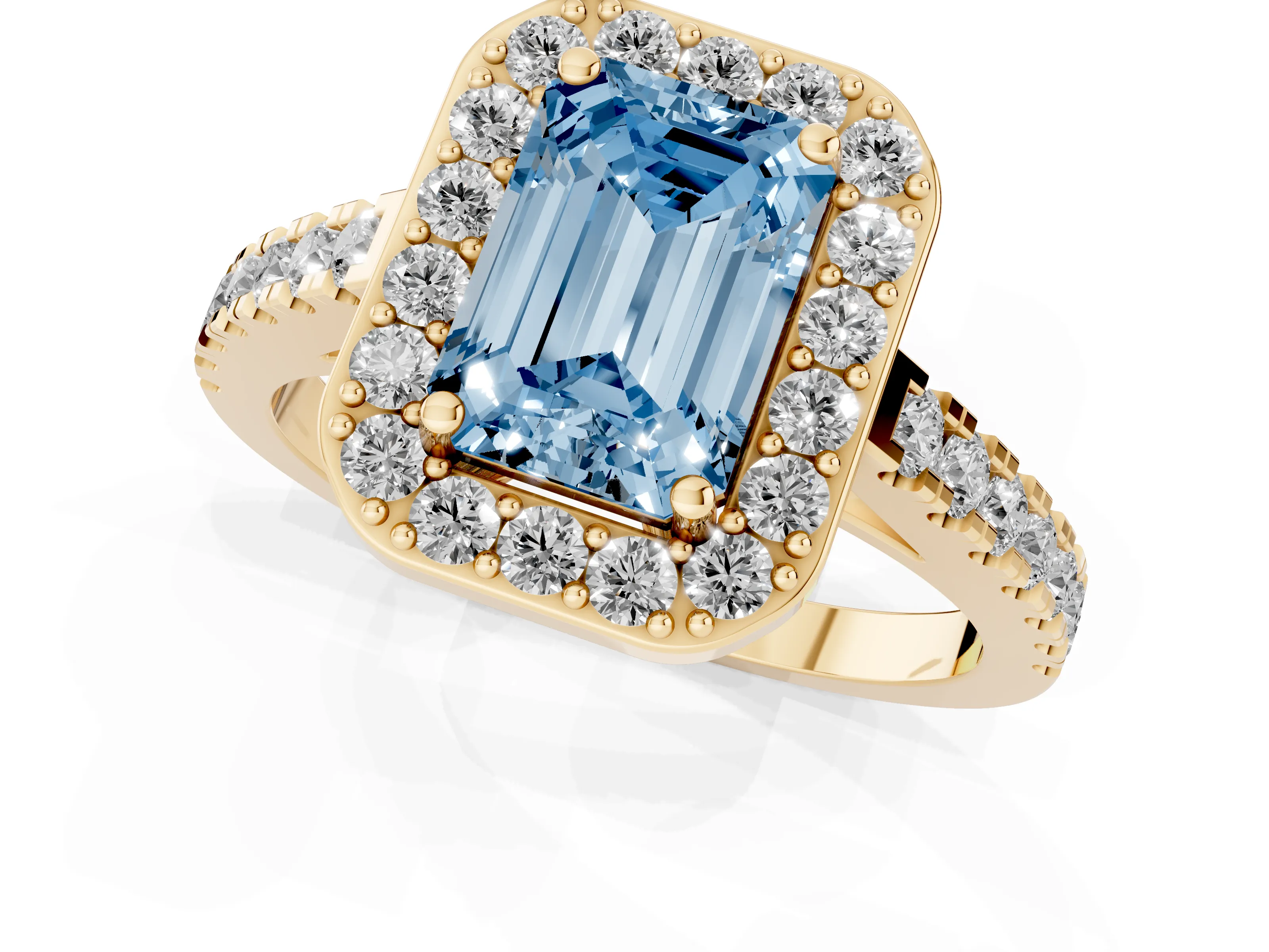 Fancy Blue Emerald Cut Diamond Halo Ring Set in Yellow gold with Round Pavé Split Shank and Prong Setting