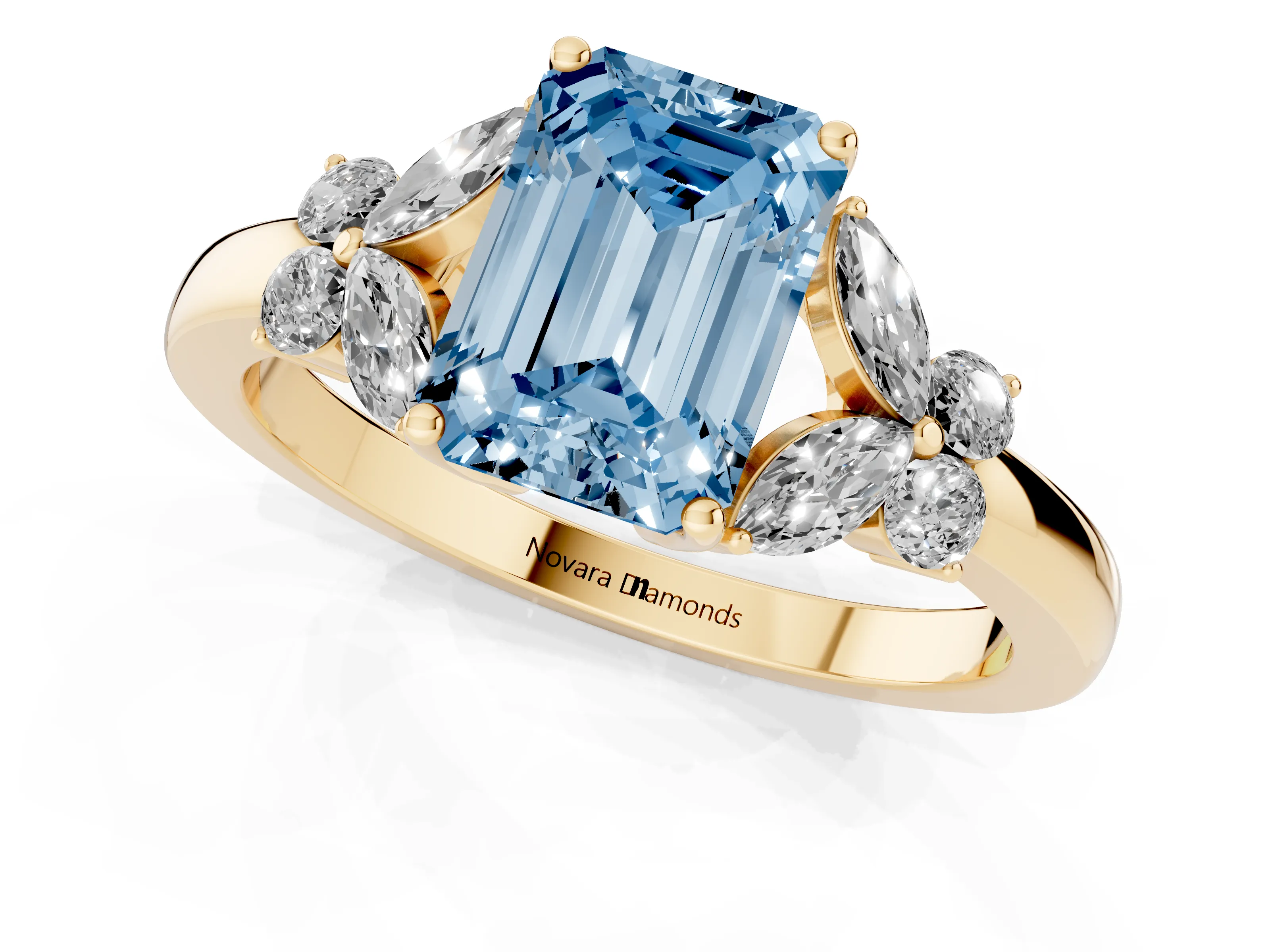 Fancy Blue Emerald Cut Diamond Solitaire Floral Ring Set in Yellow gold with Marquise Petals and Prong Setting