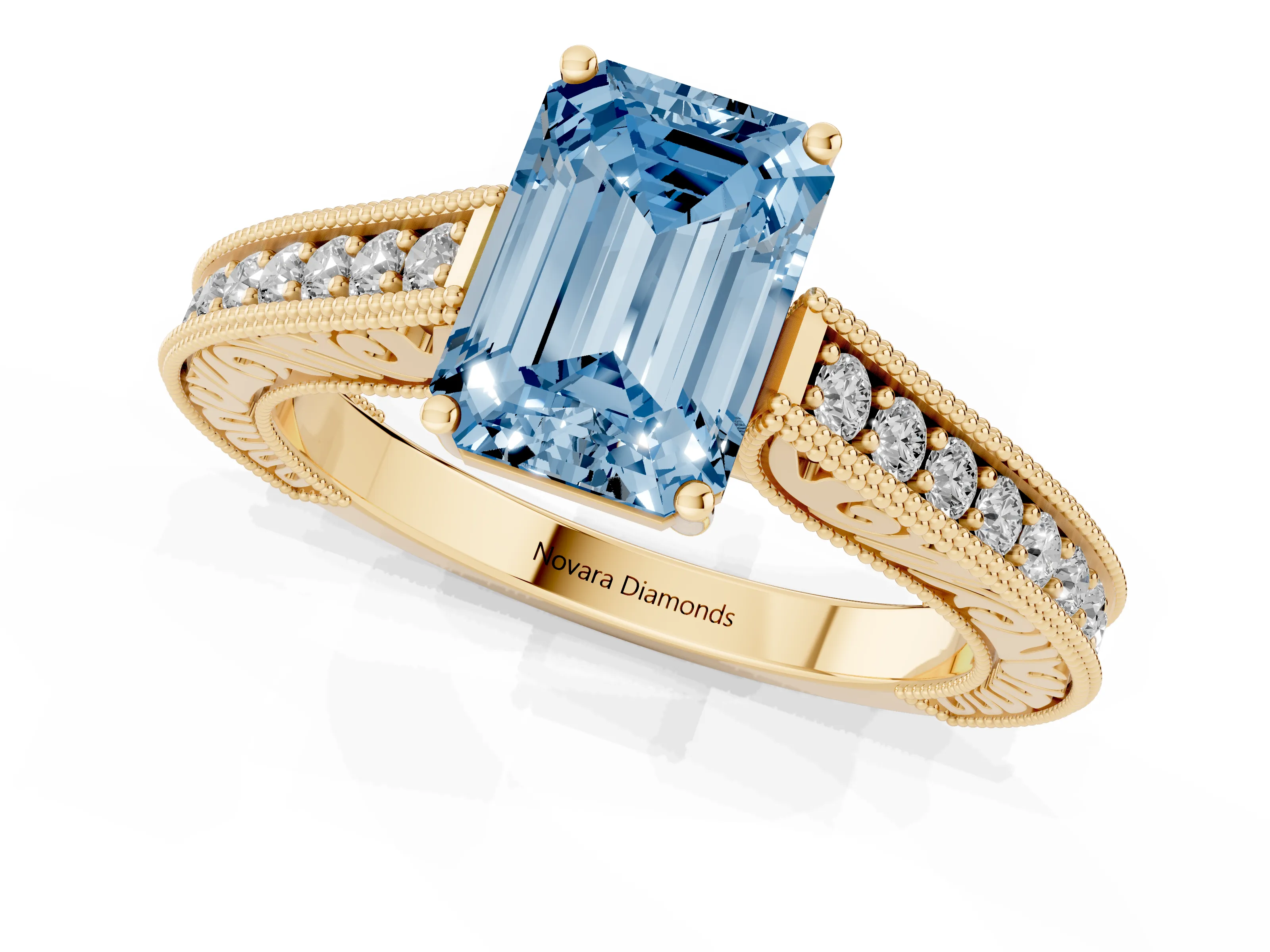 Fancy Blue Emerald Cut Diamond Milgrain Pavé Band Solitaire Ring Set in Yellow gold with Prong Setting