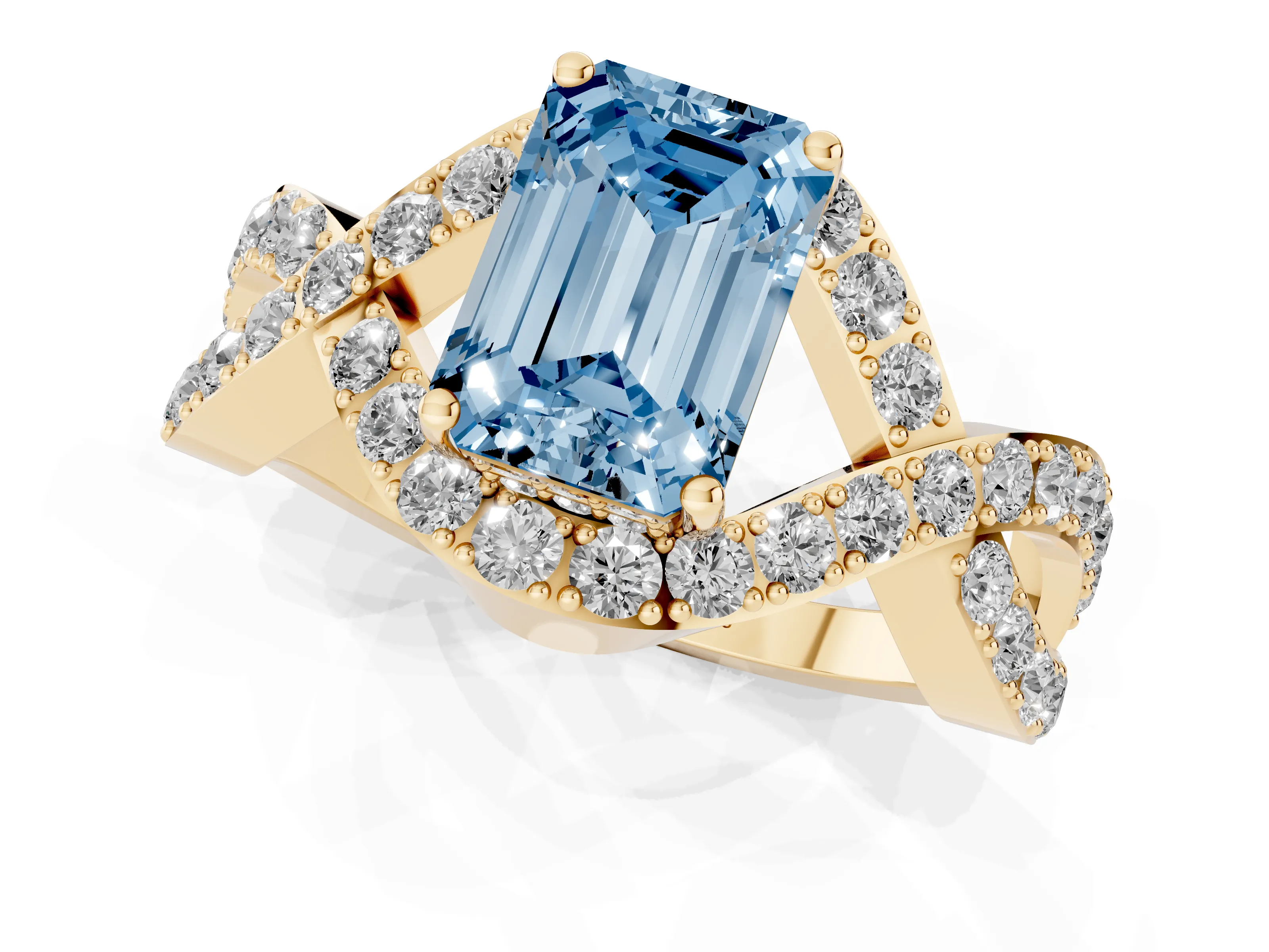 Fancy Blue Emerald Cut Diamond Solitaire Twist Band Pavé Engagement Ring Set in Yellow gold