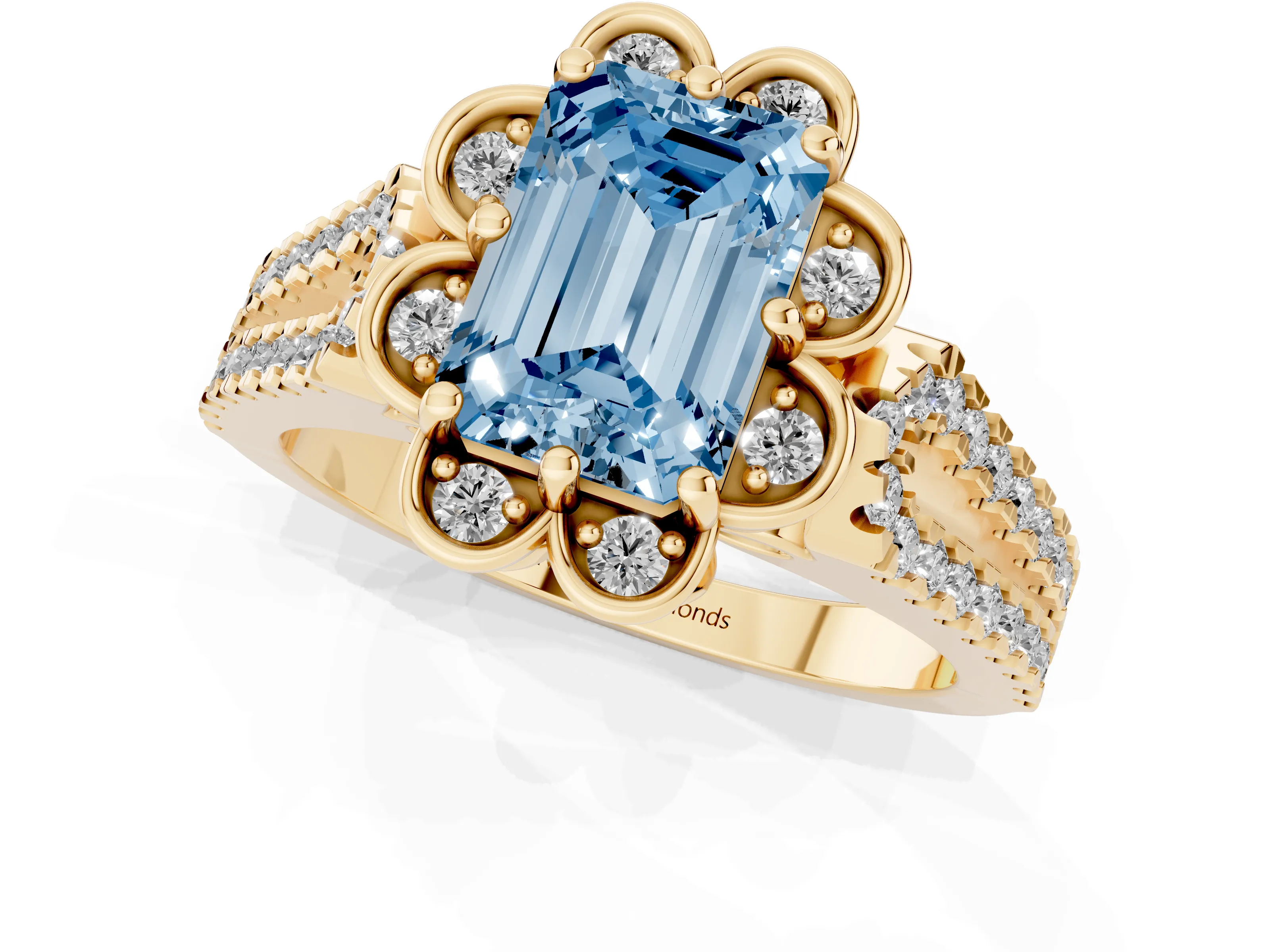 Fancy Blue Emerald Cut Diamond Floral Halo Split Shank Engagement Ring Set in Yellow gold with Pavé Shank