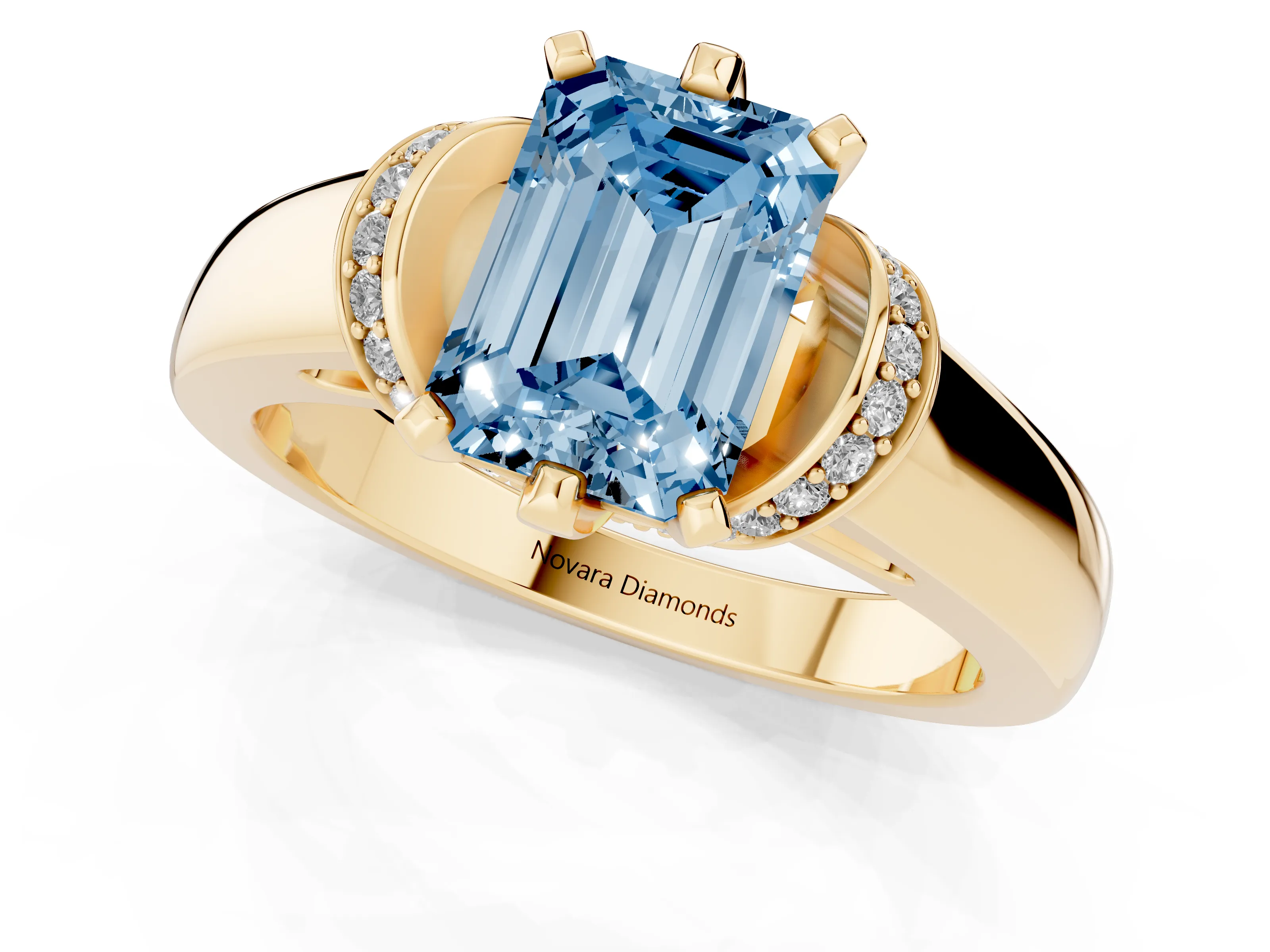 Fancy Blue Emerald Cut Diamond Pavé Band Solitaire Ring Set in Yellow gold with Prong Setting
