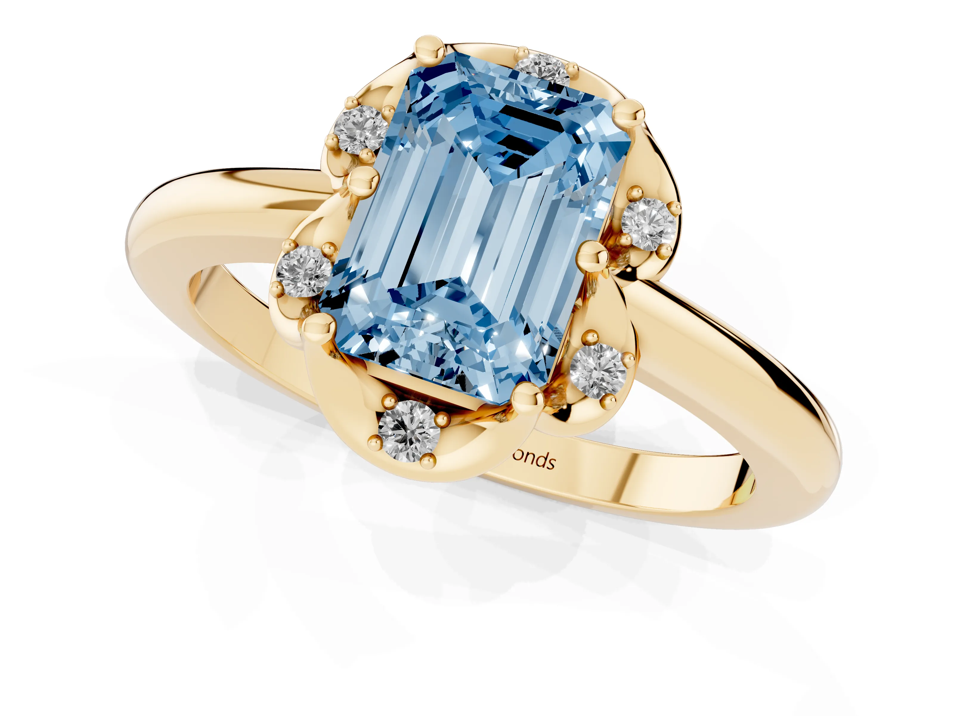 Fancy Blue Emerald Cut Diamond Round Cluster Halo Ring Set in Yellow gold with Solitaire Band and Prong Setting