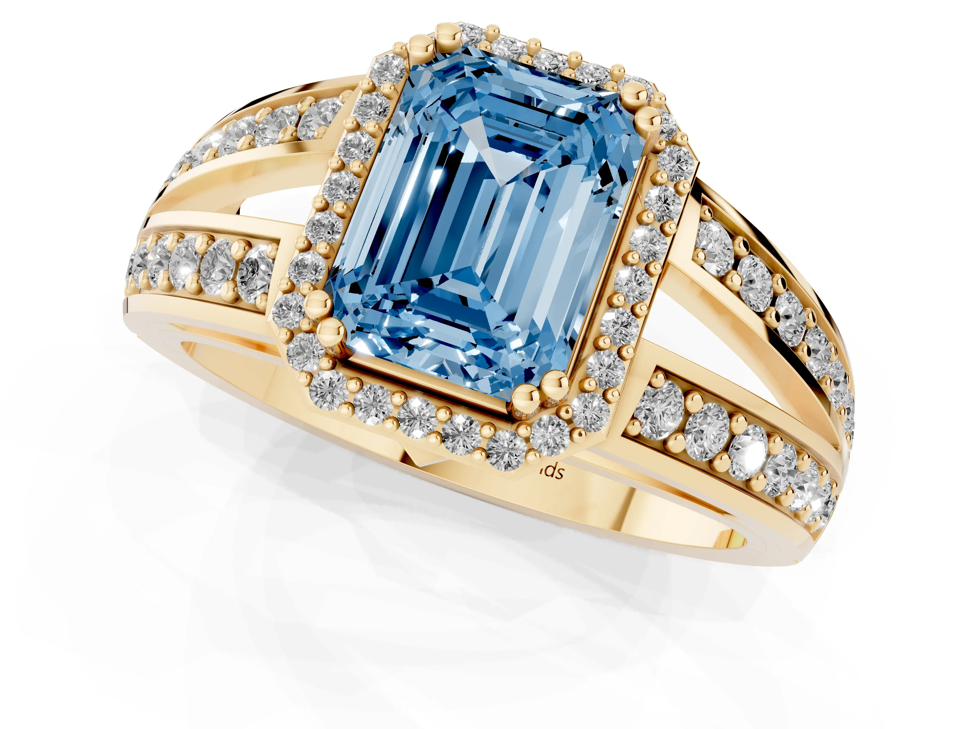 Fancy Blue Emerald Cut Diamond Halo Ring Set in Yellow gold with Double Pavé Split Shank