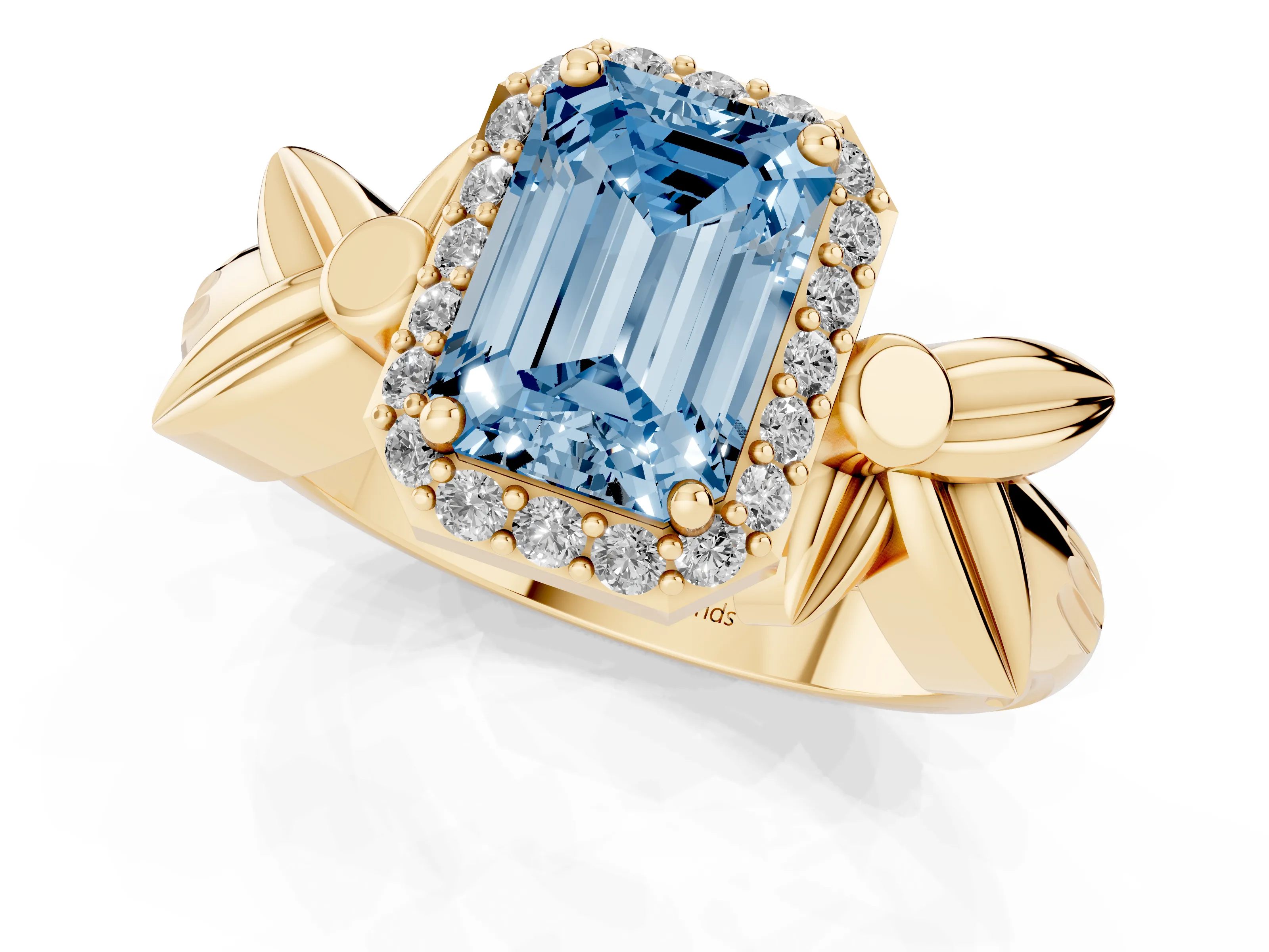 Fancy Blue Emerald Cut Diamond Halo Floral Band Ring Set in Yellow gold with Prong Setting