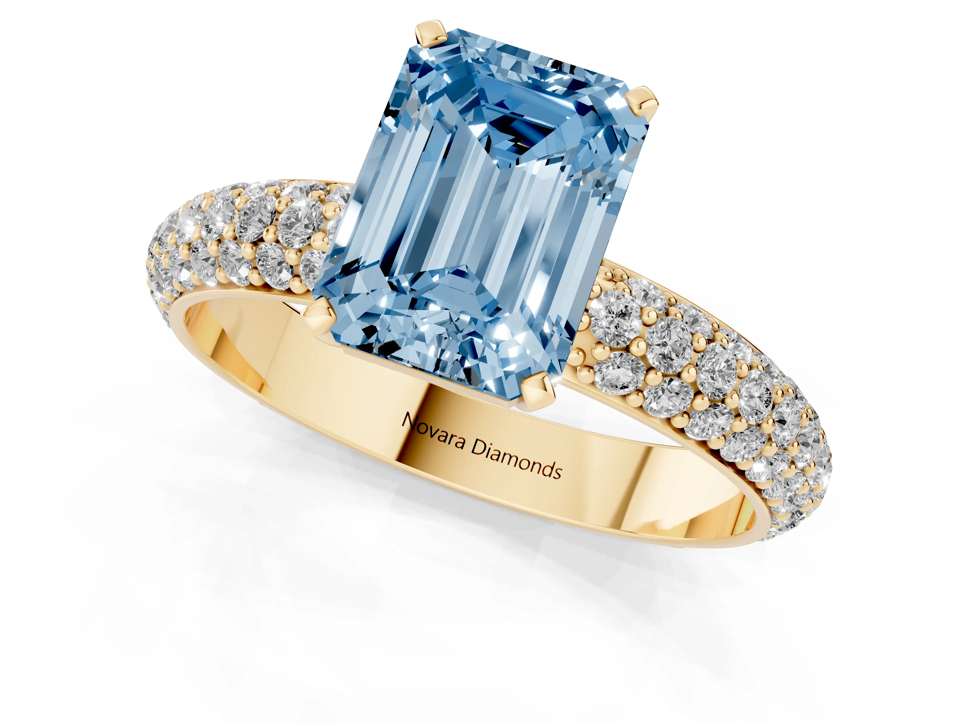 Fancy Blue Emerald Cut Diamond Solitaire Ring Set in Yellow gold with Prong Setting and Pavé-Set Band
