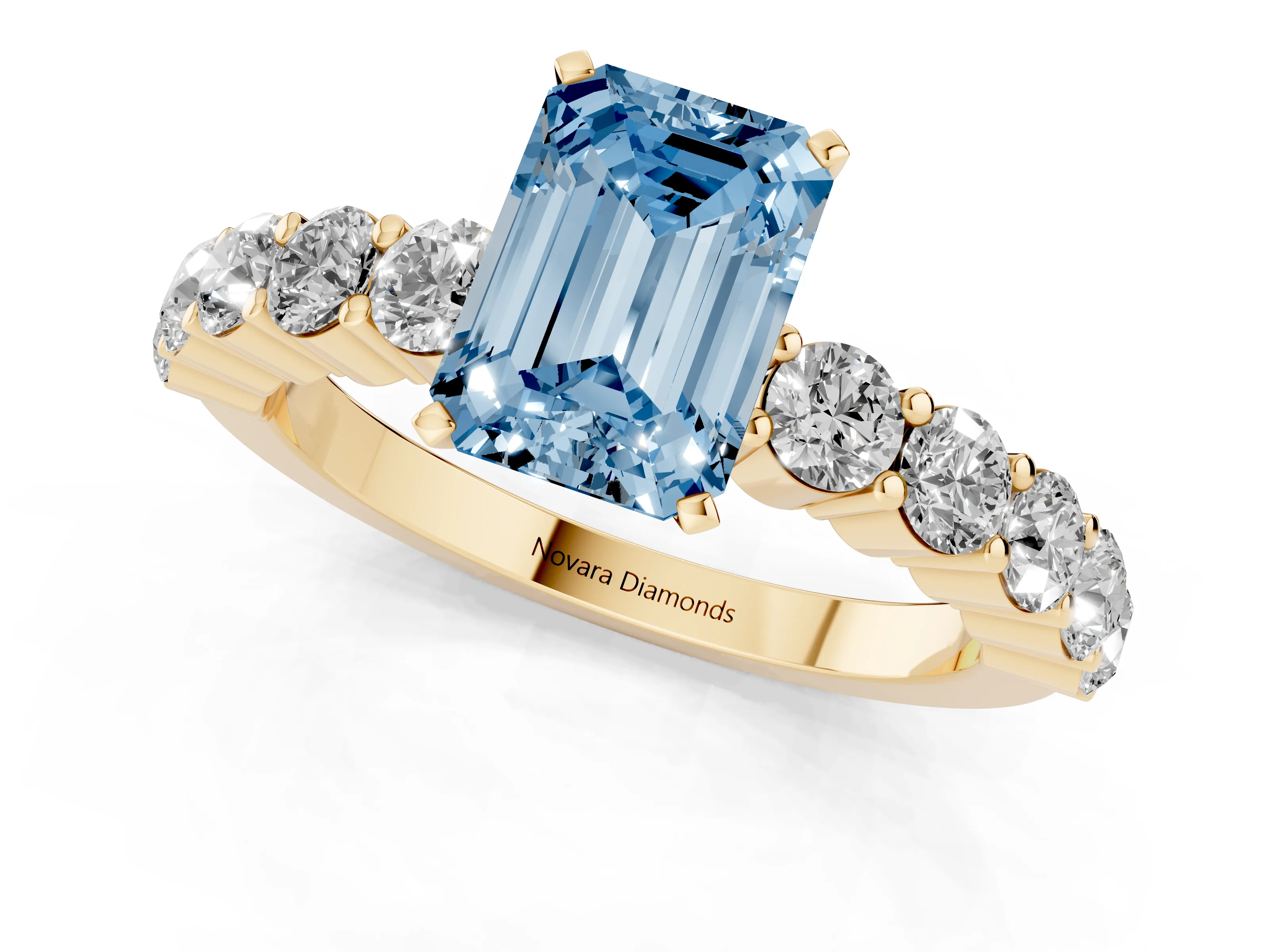 Fancy Blue Emerald Cut Diamond Solitaire Ring Set in Yellow gold with Shared Prong Round Side Stones