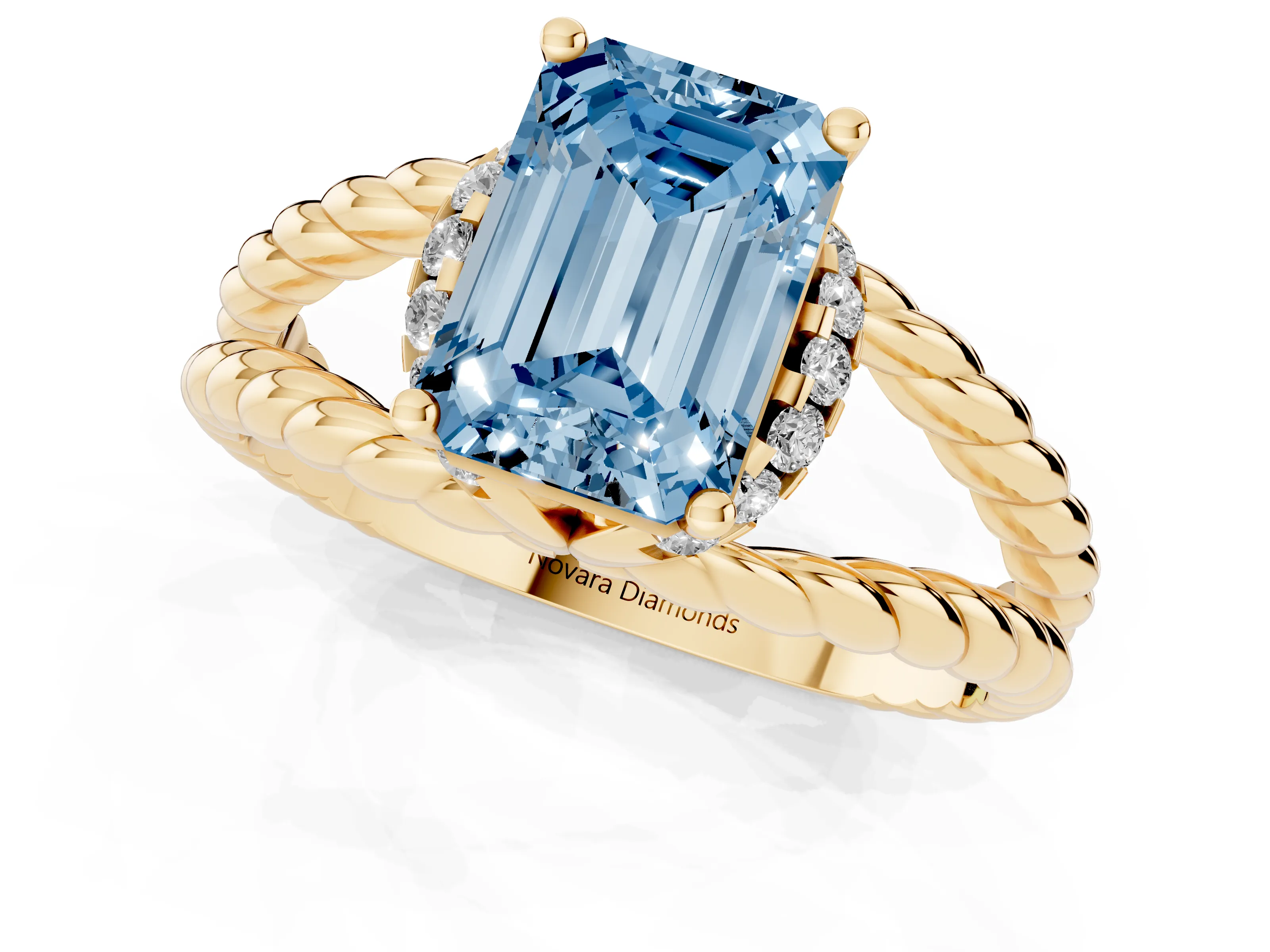 Fancy Blue Emerald Cut Diamond Halo Ring Set in Yellow gold with Twisted Band and Prong Setting