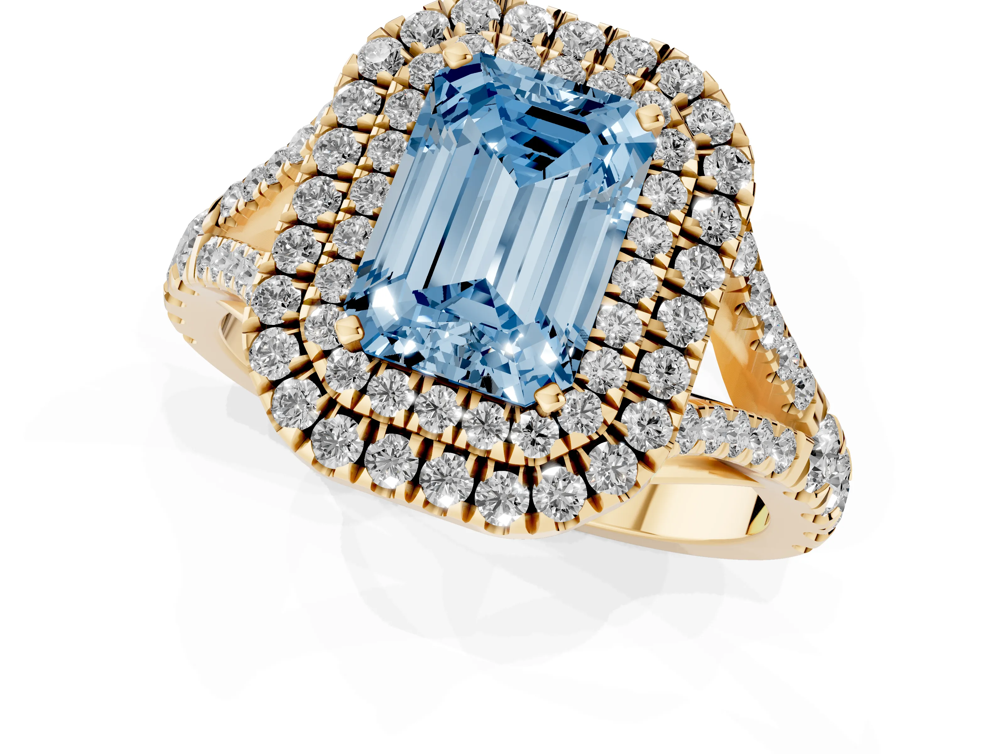 Fancy Blue Emerald Cut Diamond Pavé Split Shank Double Halo Engagement Ring Set in Yellow gold