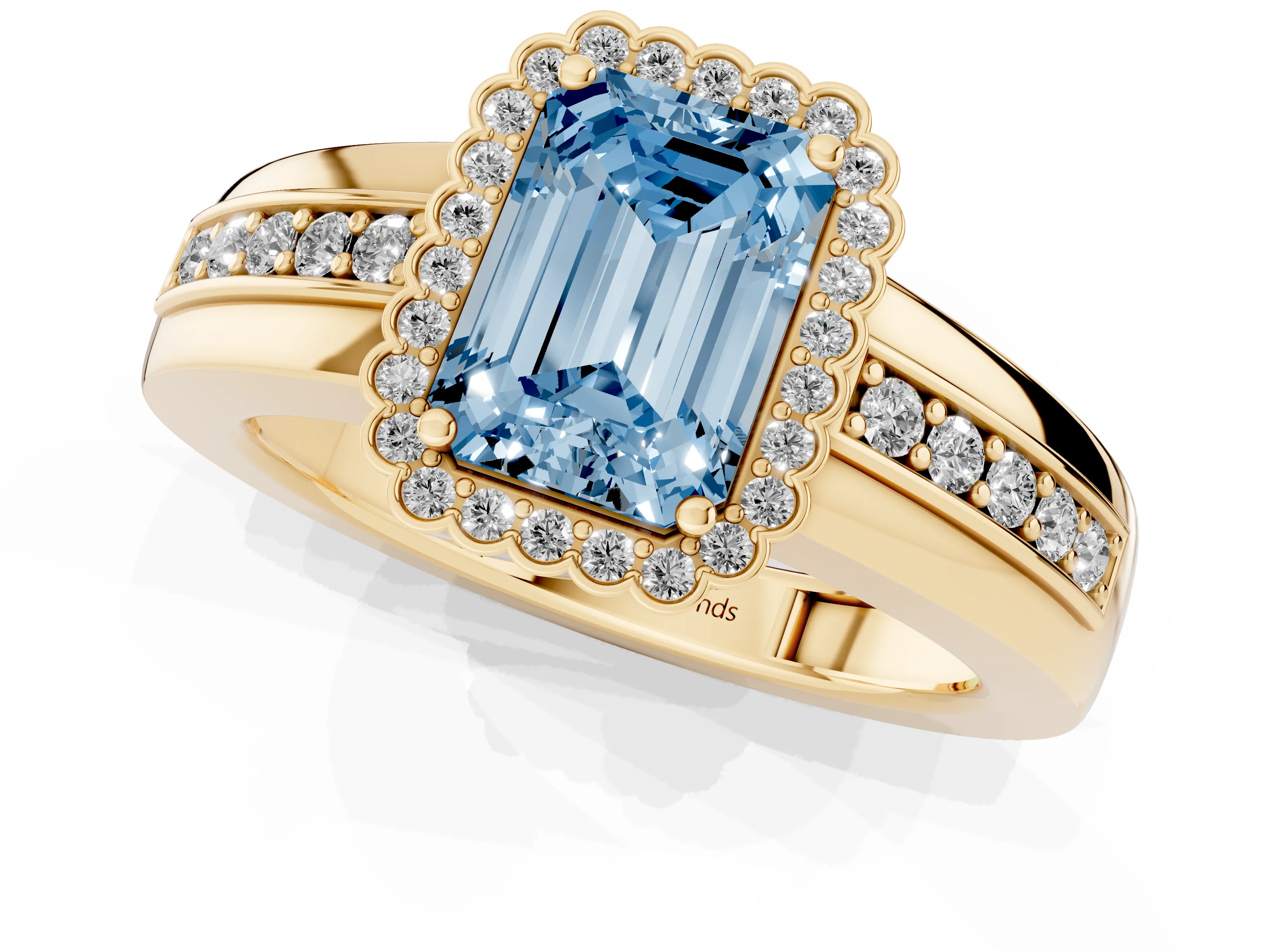 Fancy Blue Emerald Cut Diamond Halo Prong Ring Set in Yellow gold with Pavé Band