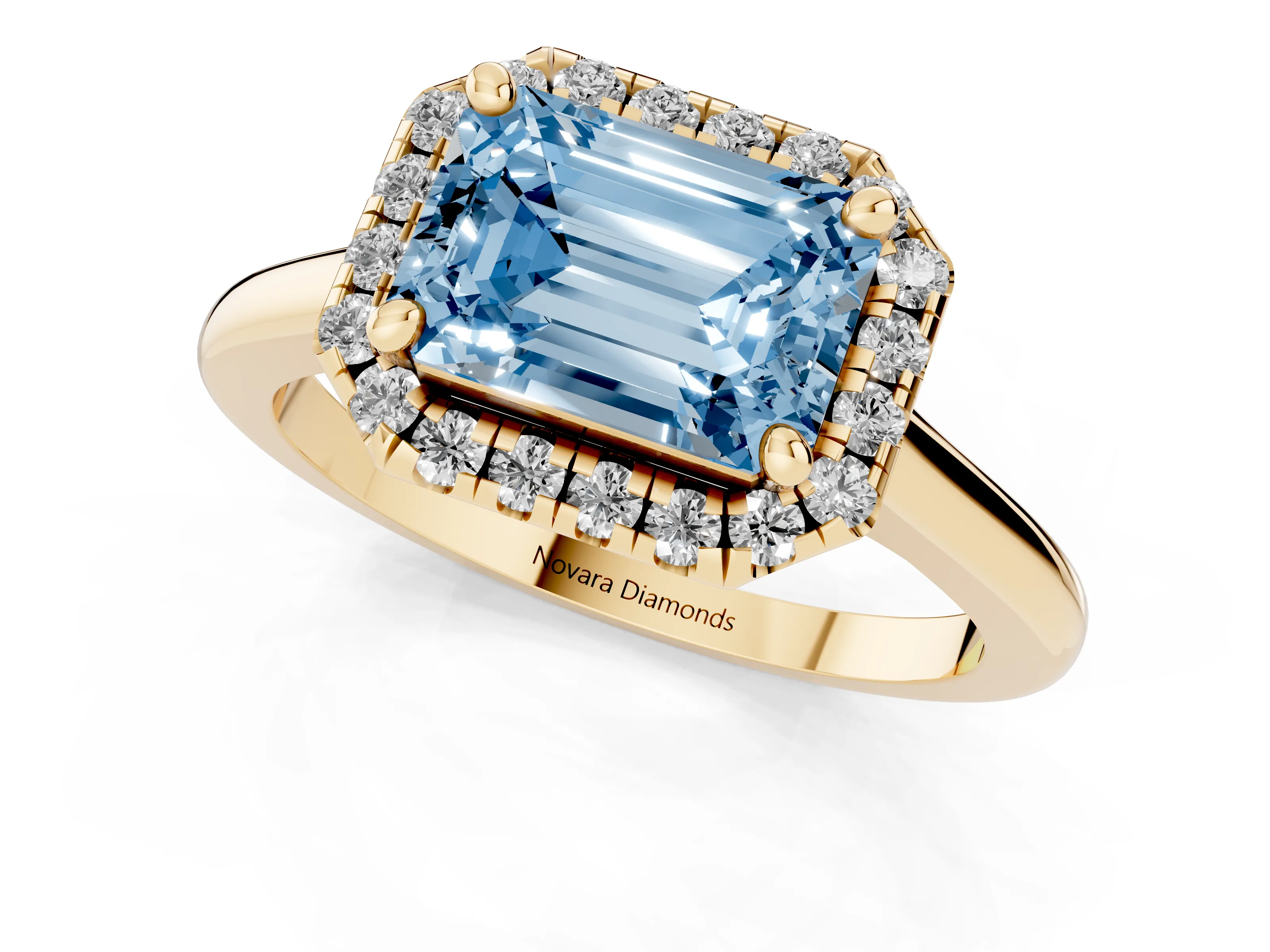 Fancy Blue Emerald Cut Diamond Halo Engagement Ring Set in Yellow gold with Pavé Band and Rising Shoulders