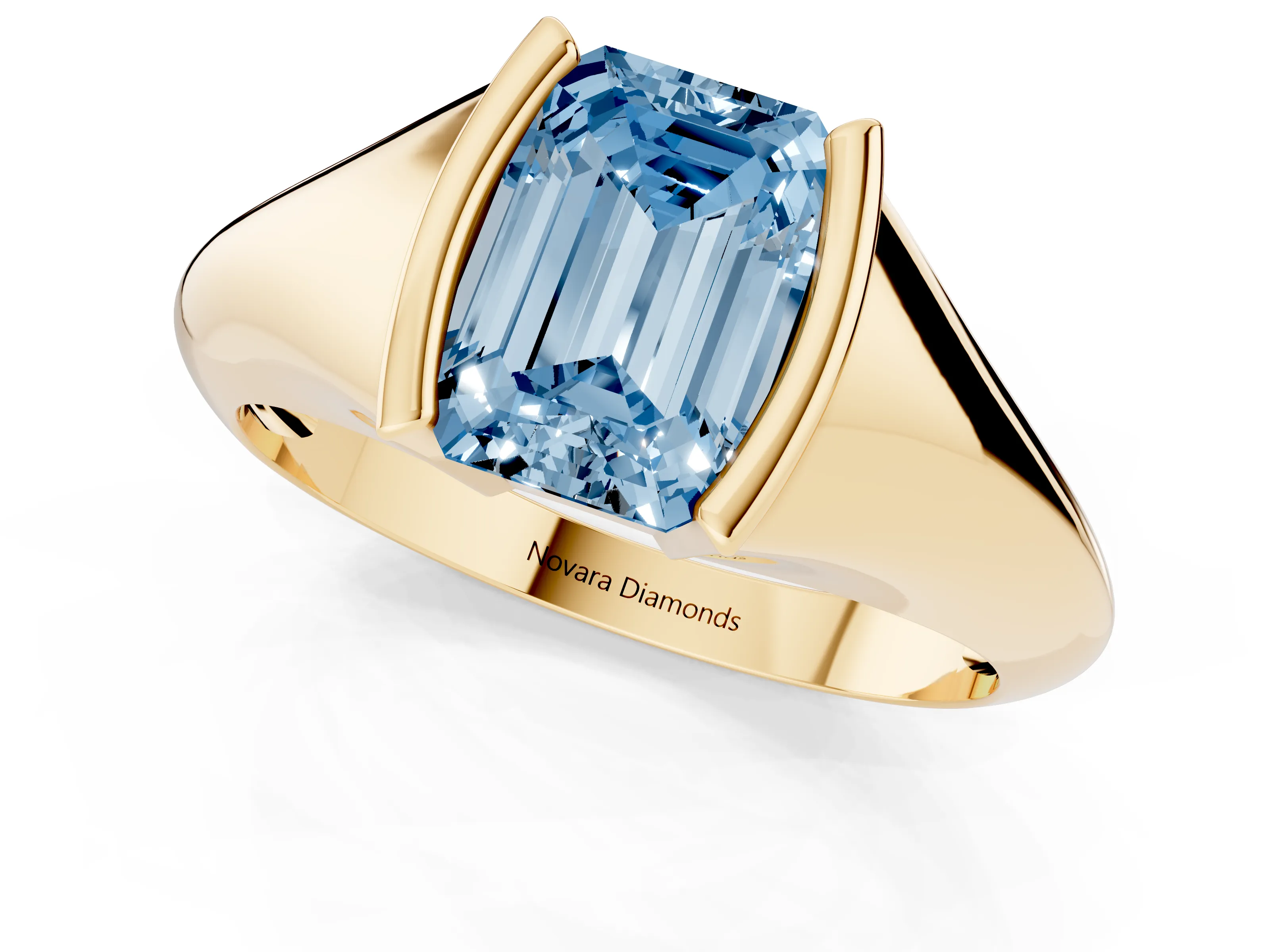 Fancy Blue Emerald Cut Diamond Solitaire Tension Set Ring Set in Yellow gold