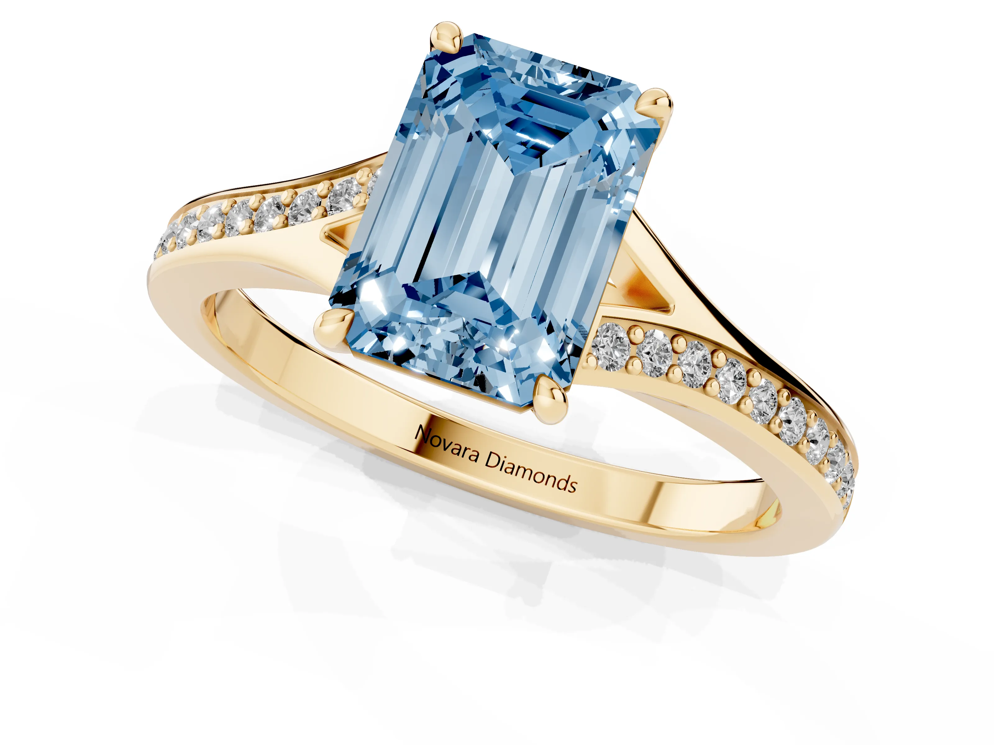 Fancy Blue Emerald Cut Diamond Solitaire Ring Set in Yellow gold with Pavé Accent Band and Classic Prong Setting