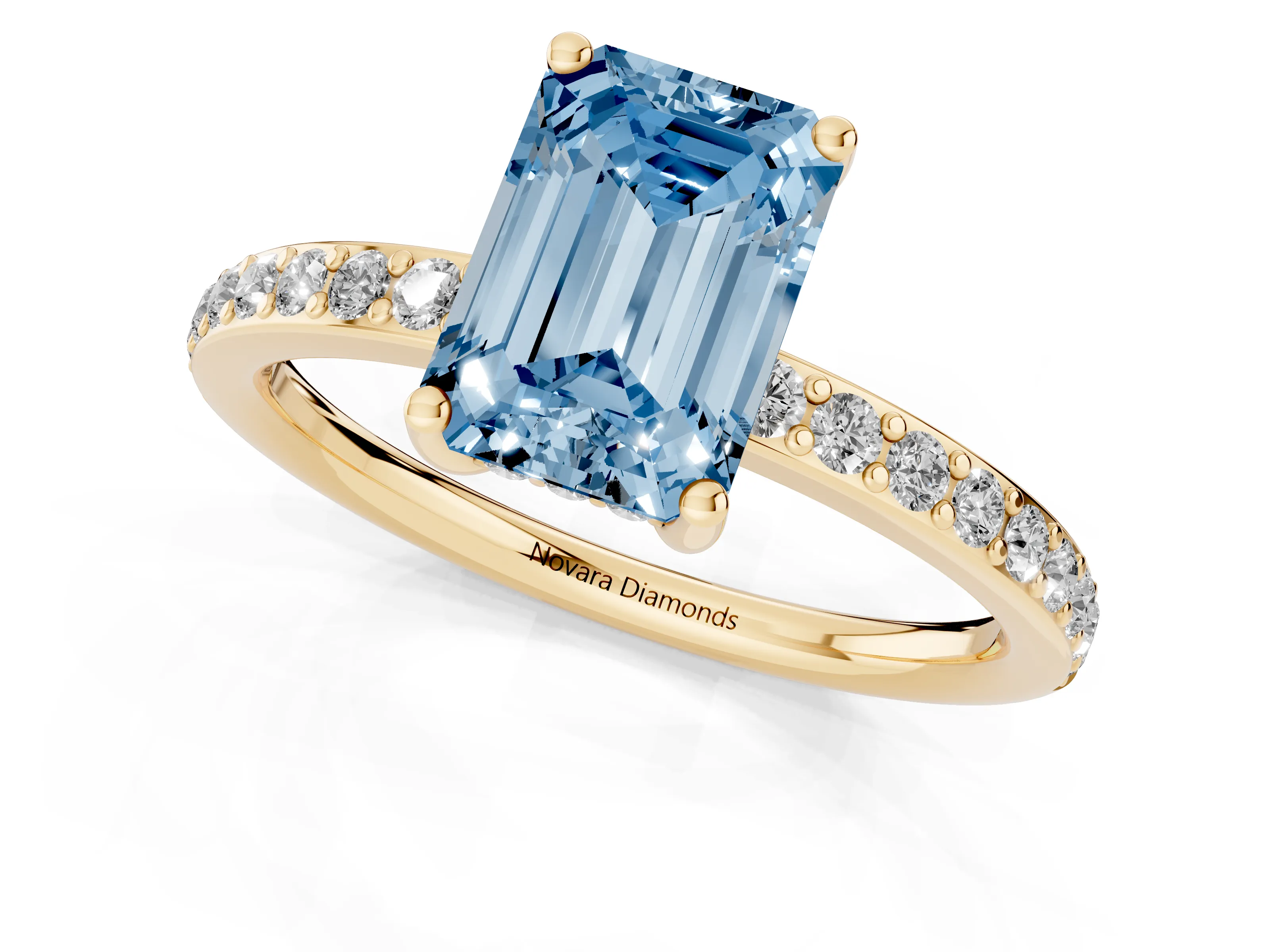 Fancy Blue Emerald Cut Diamond Pavé Band Ring Set in Yellow gold with Prong-Set Center Stone