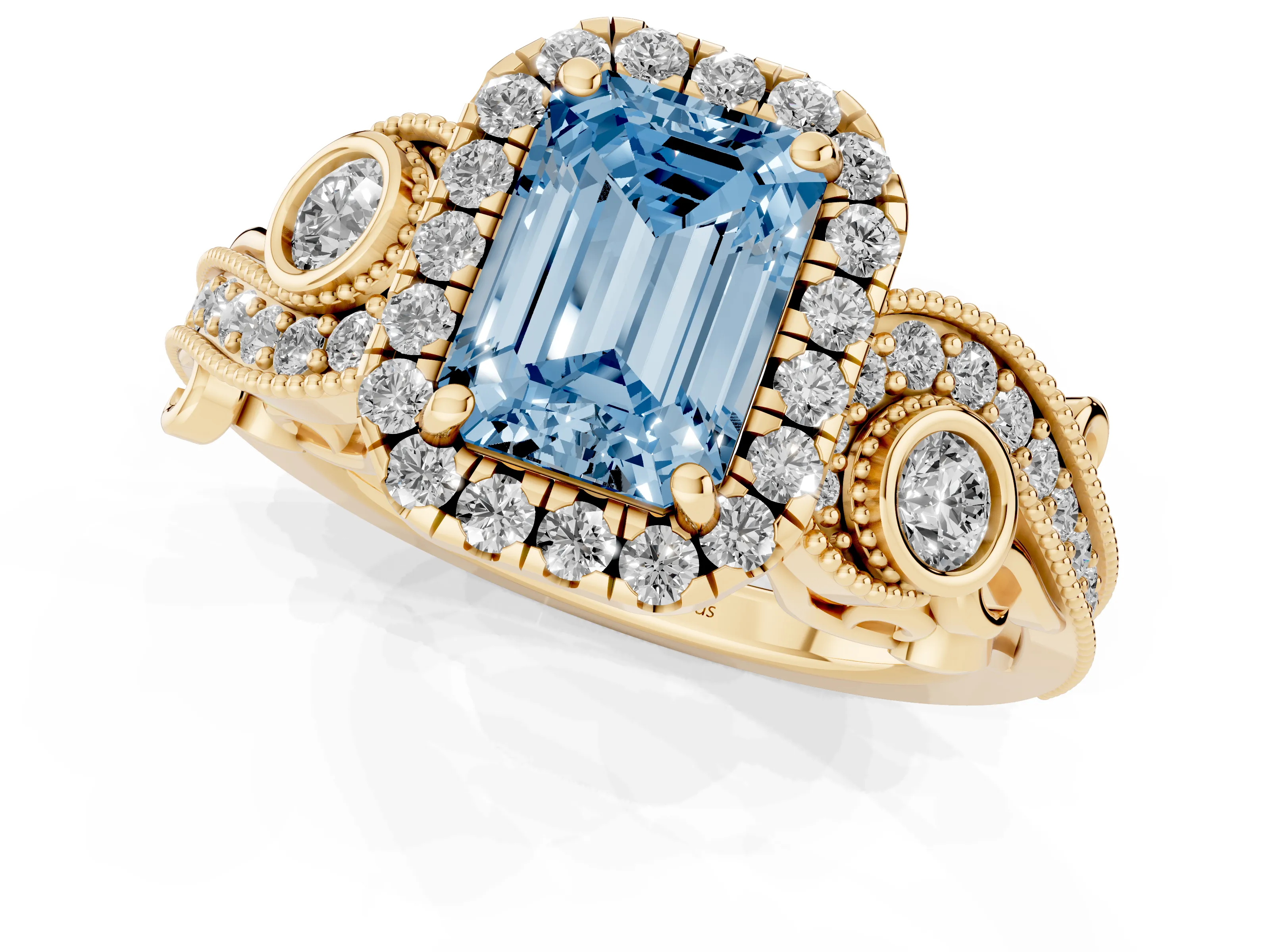 Fancy Blue Emerald Cut Diamond Halo Ring Set in Yellow gold with Milgrain Pavé Band and Prong Setting