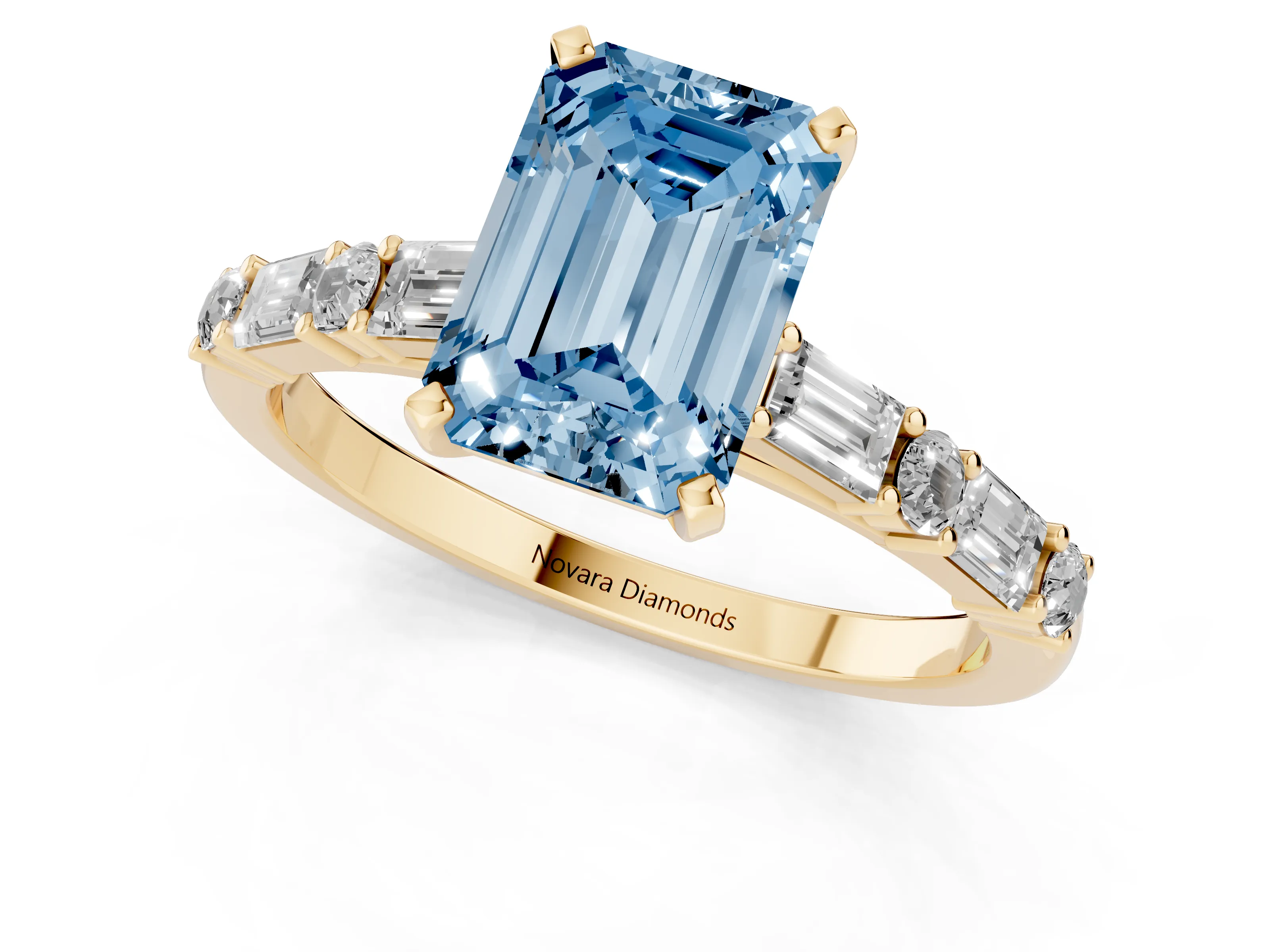 Fancy Blue Emerald Cut Diamond Solitaire Set in Yellow gold with Side Baguettes and Channel Set Band