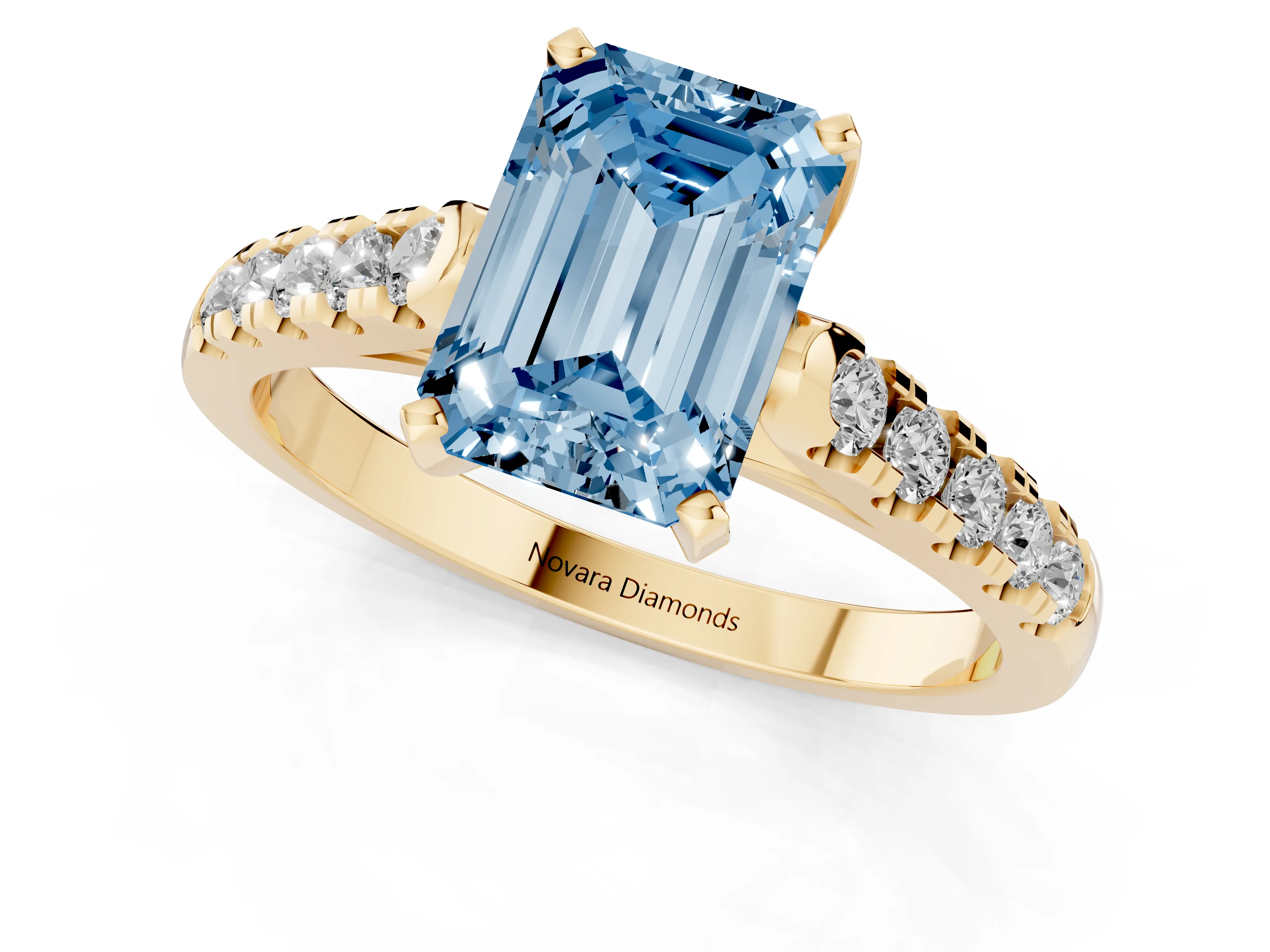 Fancy Blue Emerald Cut Diamond Pavé Band Solitaire Ring Set in Yellow gold with Partway Accent Stones and Prong Setting