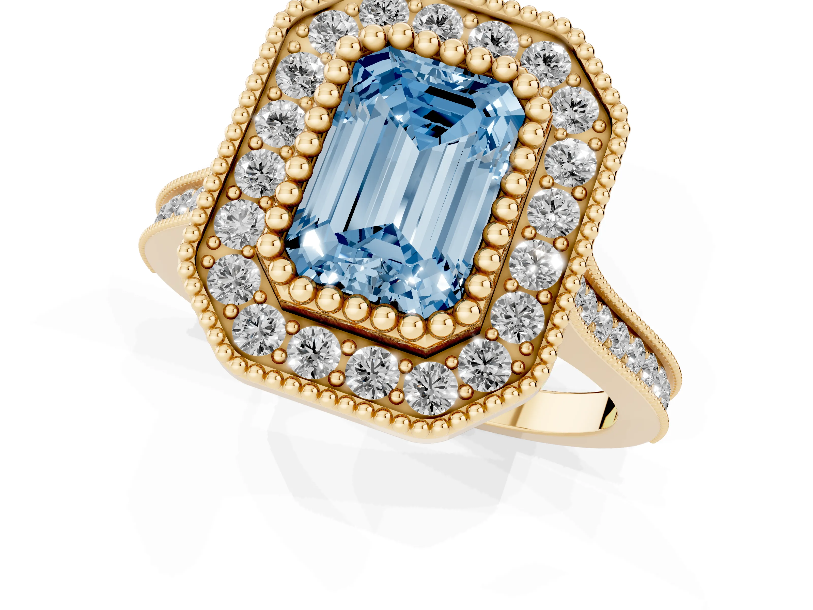 Fancy Blue Emerald Cut Diamond Halo Ring Set in Yellow gold with Milgrain Frame and Pavé Band