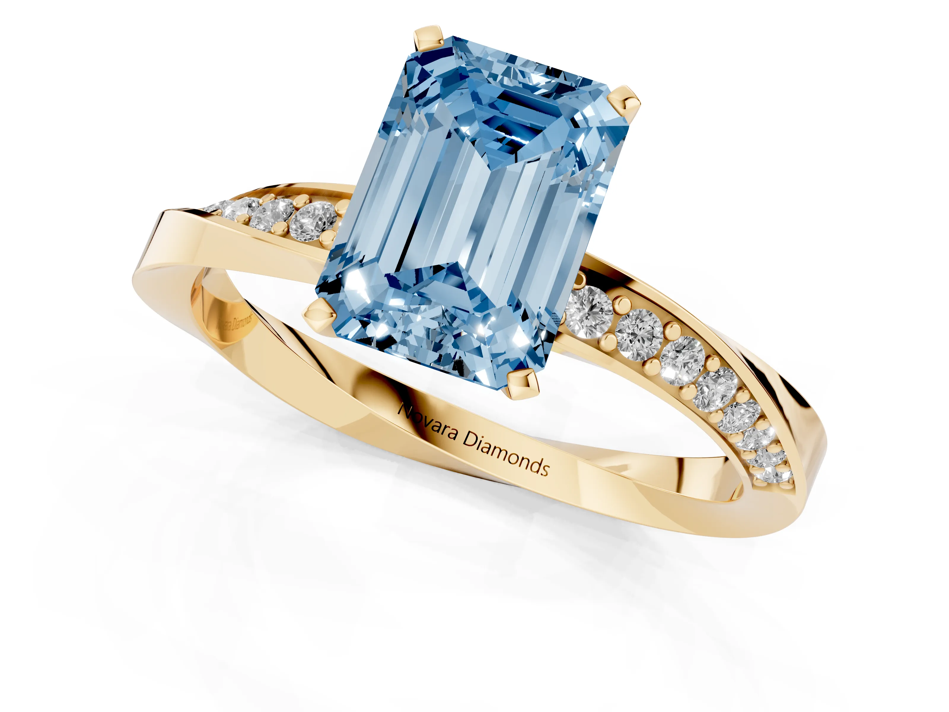 Fancy Blue Emerald Cut Diamond Engagement Ring Set in Yellow gold with Side Stone Accents and Prong Setting