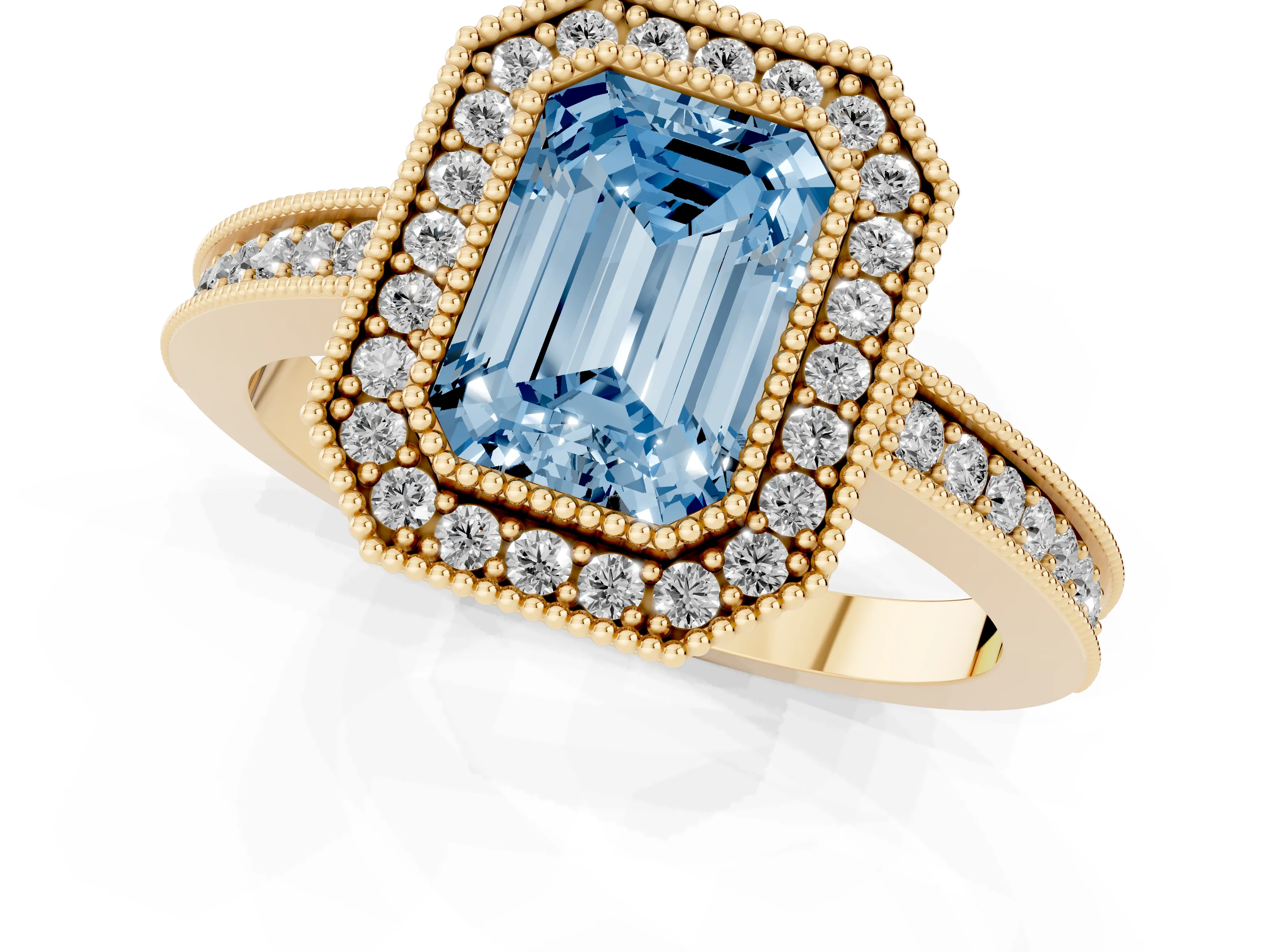 Fancy Blue Emerald Cut Diamond Round Halo Ring Set in Yellow gold with Pavé Band