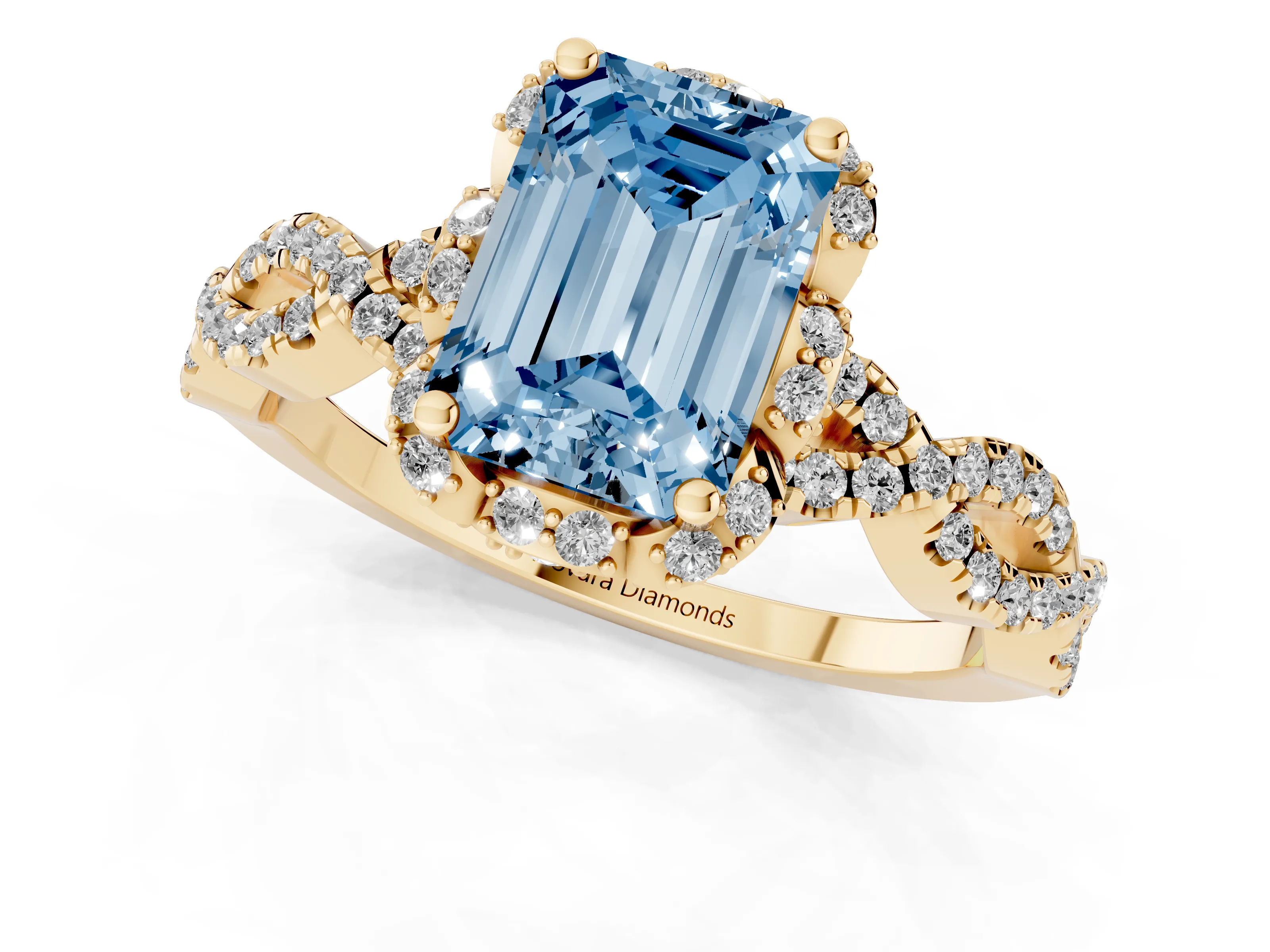 Fancy Blue Emerald Cut Diamond Halo Twist Band Solitaire Ring Set in Yellow gold with Prong-Set Center Stone