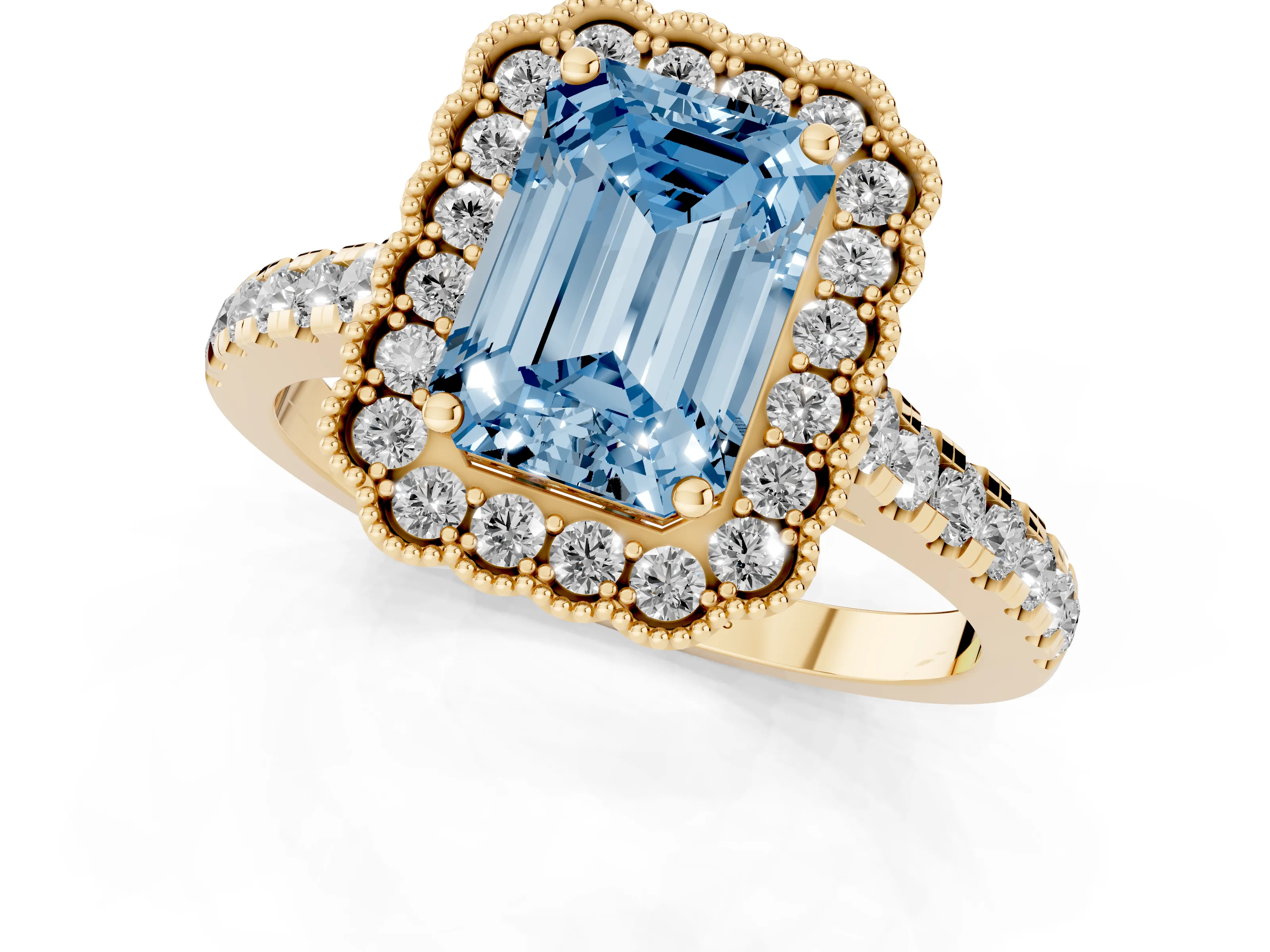 Fancy Blue Emerald Cut Diamond Milgrain Floral Halo Engagement Ring Set in Yellow gold with Pavé Band