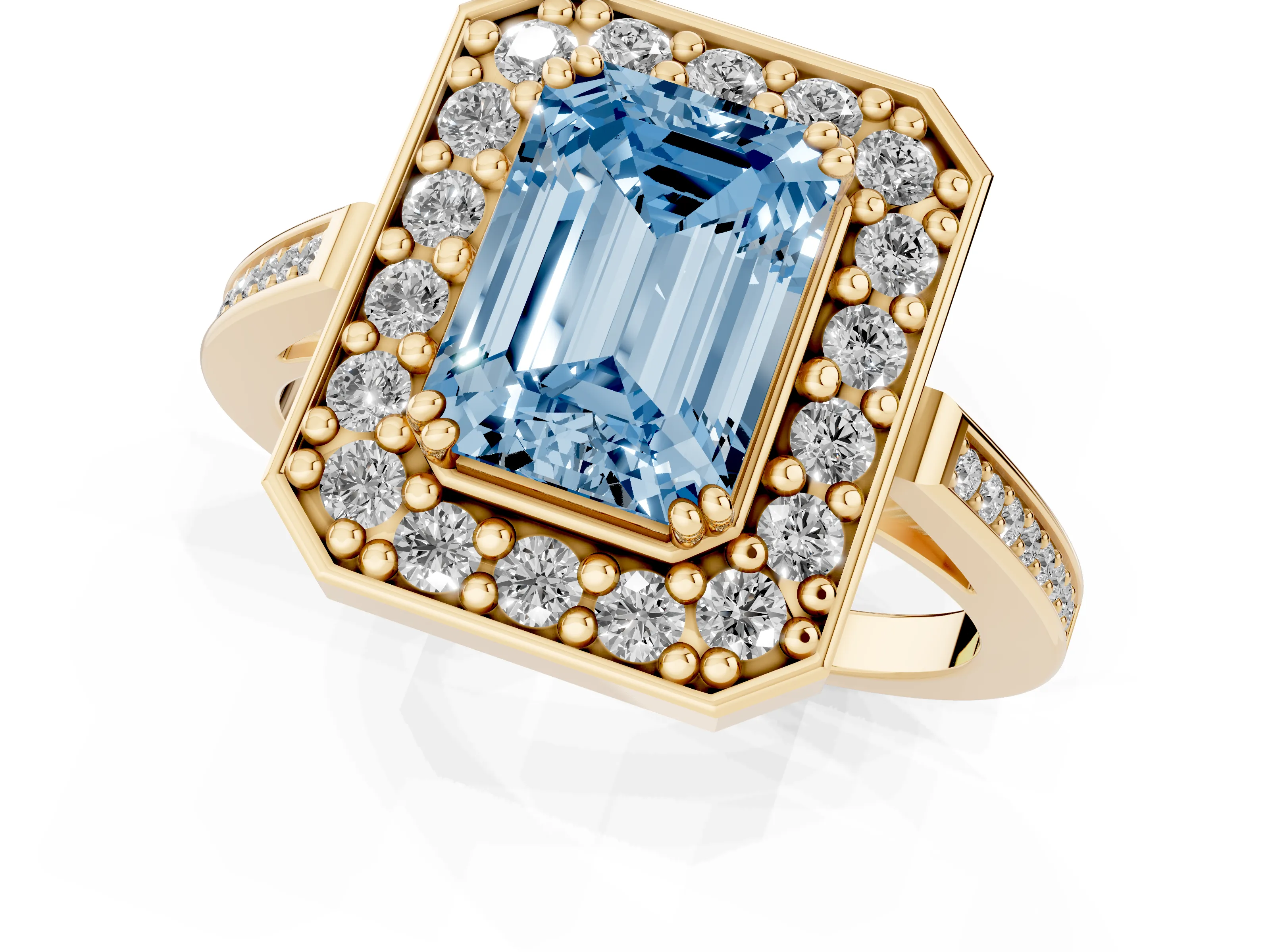 Fancy Blue Emerald Cut Diamond Halo Ring Set in Yellow gold with Accent-Lined Split Shank and Prong Setting