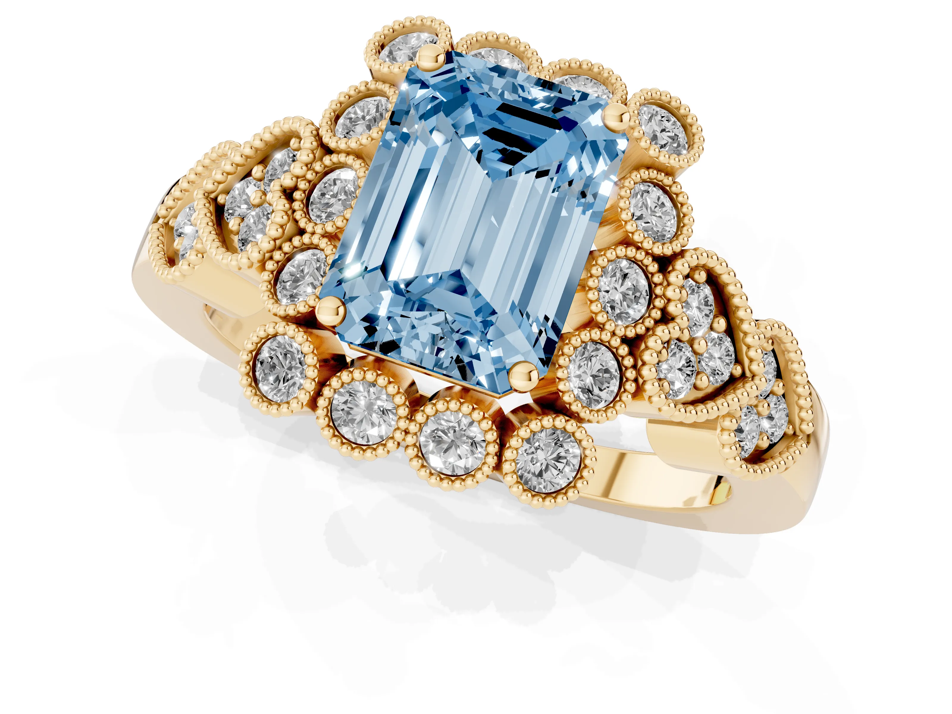 Fancy Blue Emerald Cut Diamond Solitaire Ring Set in Yellow gold with Milgrain Pavé Heart Band