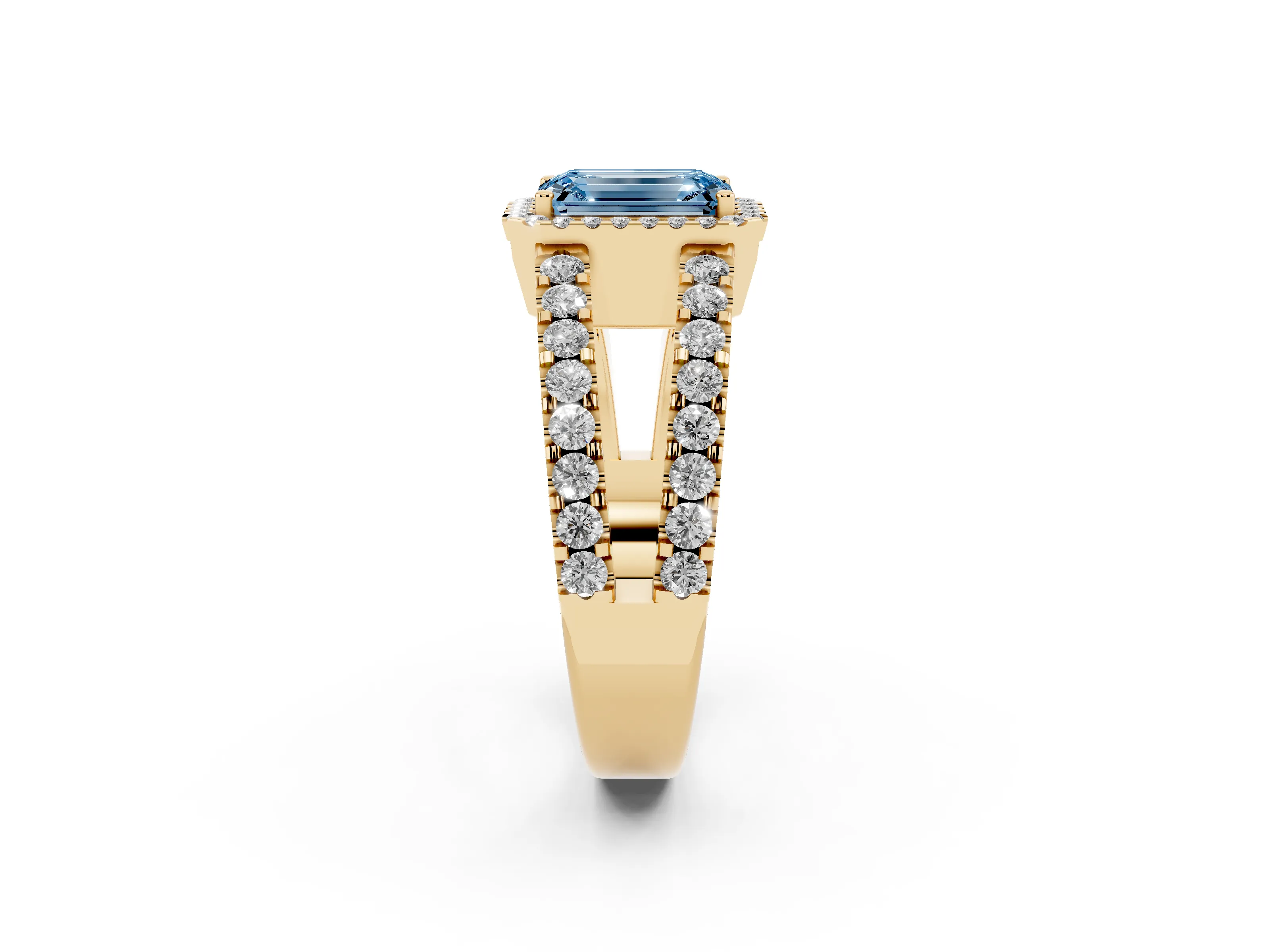 Fancy Blue Emerald Cut Diamond Halo Ring Set in Yellow gold with Pavé Split Shank and Prong Setting