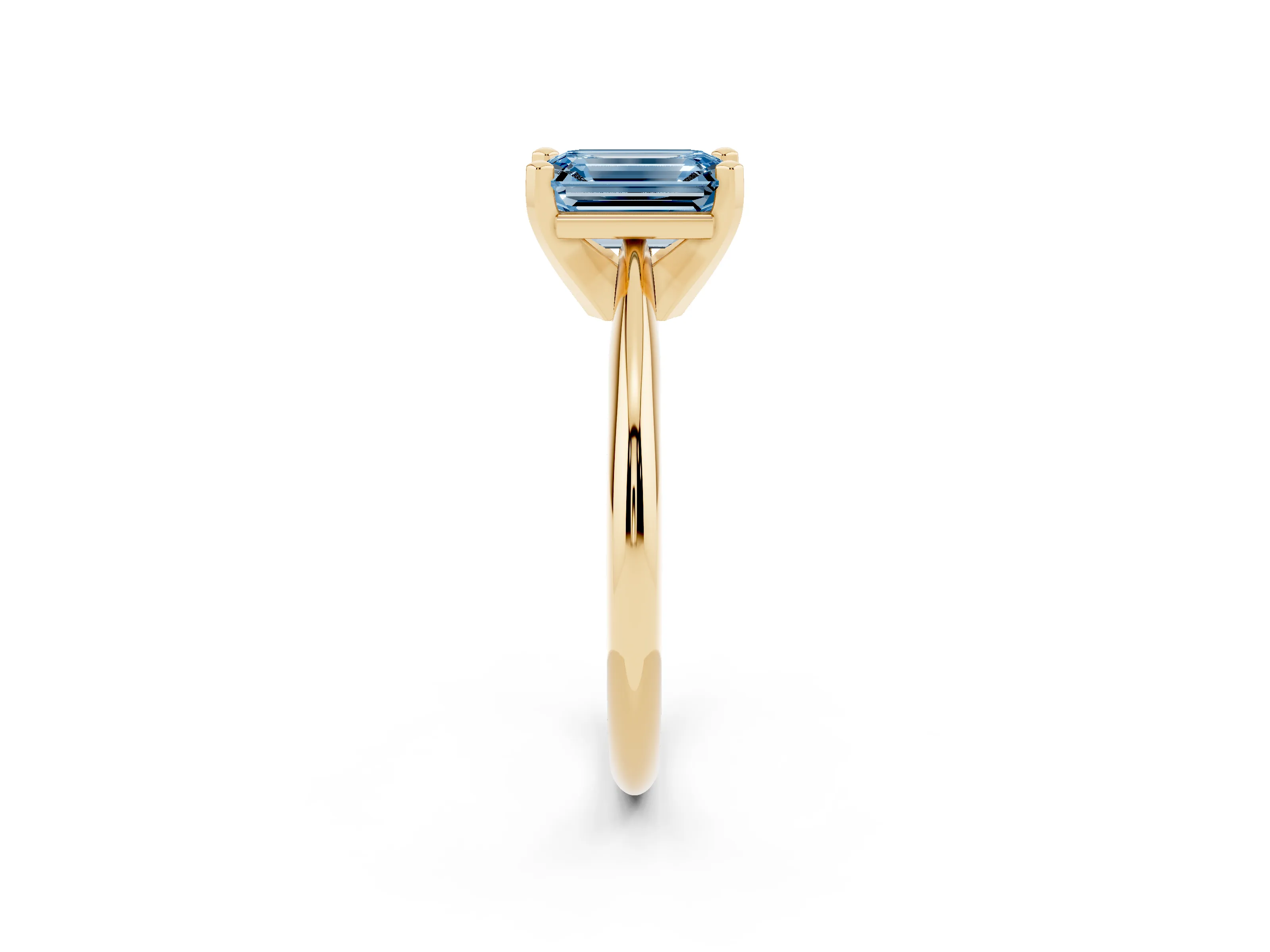 Fancy Blue Emerald Cut Diamond Solitaire Ring Set in Yellow gold with Prong Setting on a Plain Round Band