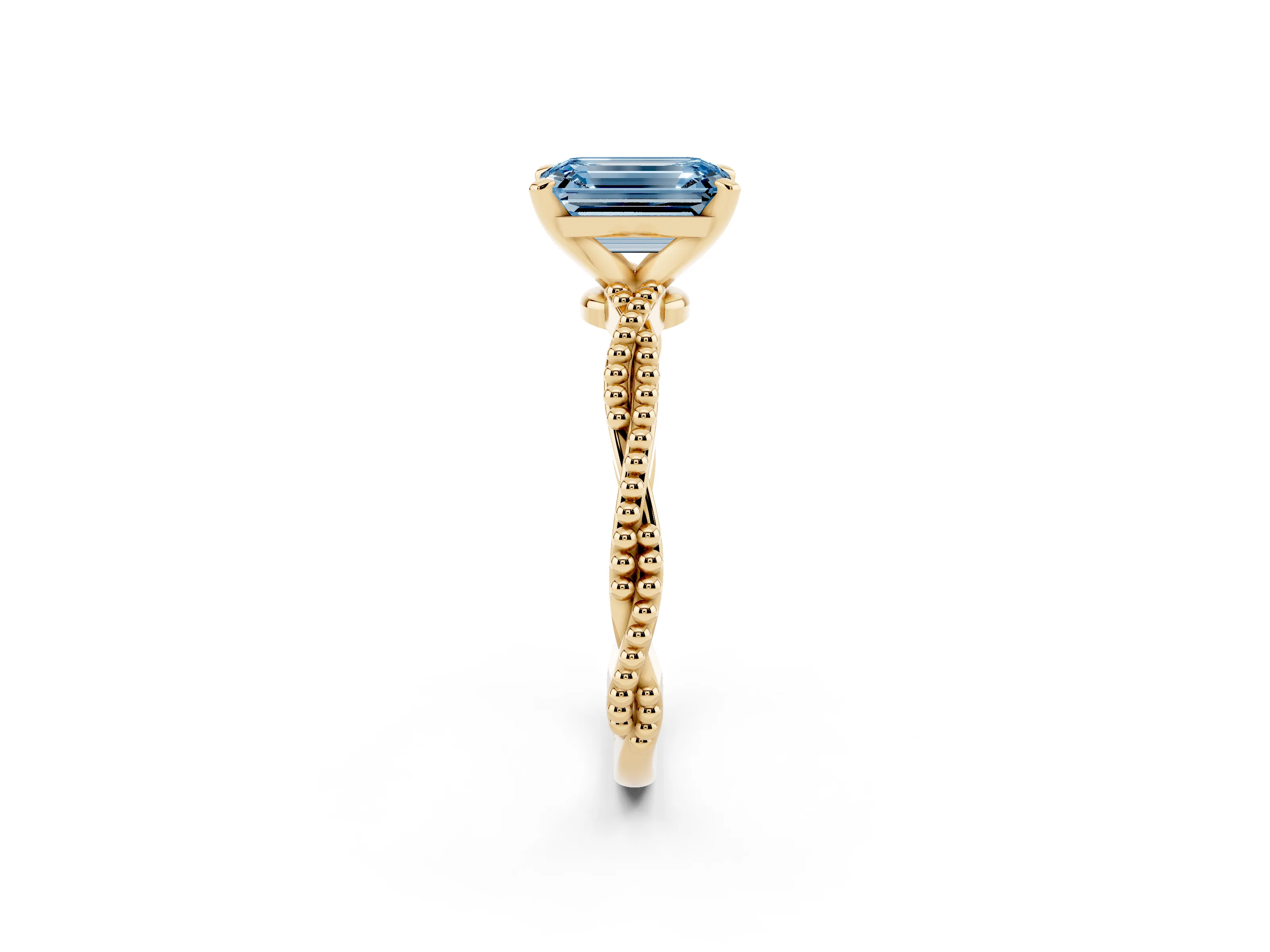 Fancy Blue Emerald Cut Diamond Solitaire Ring Set in Yellow gold with Twisted Band and Bead Prong Setting