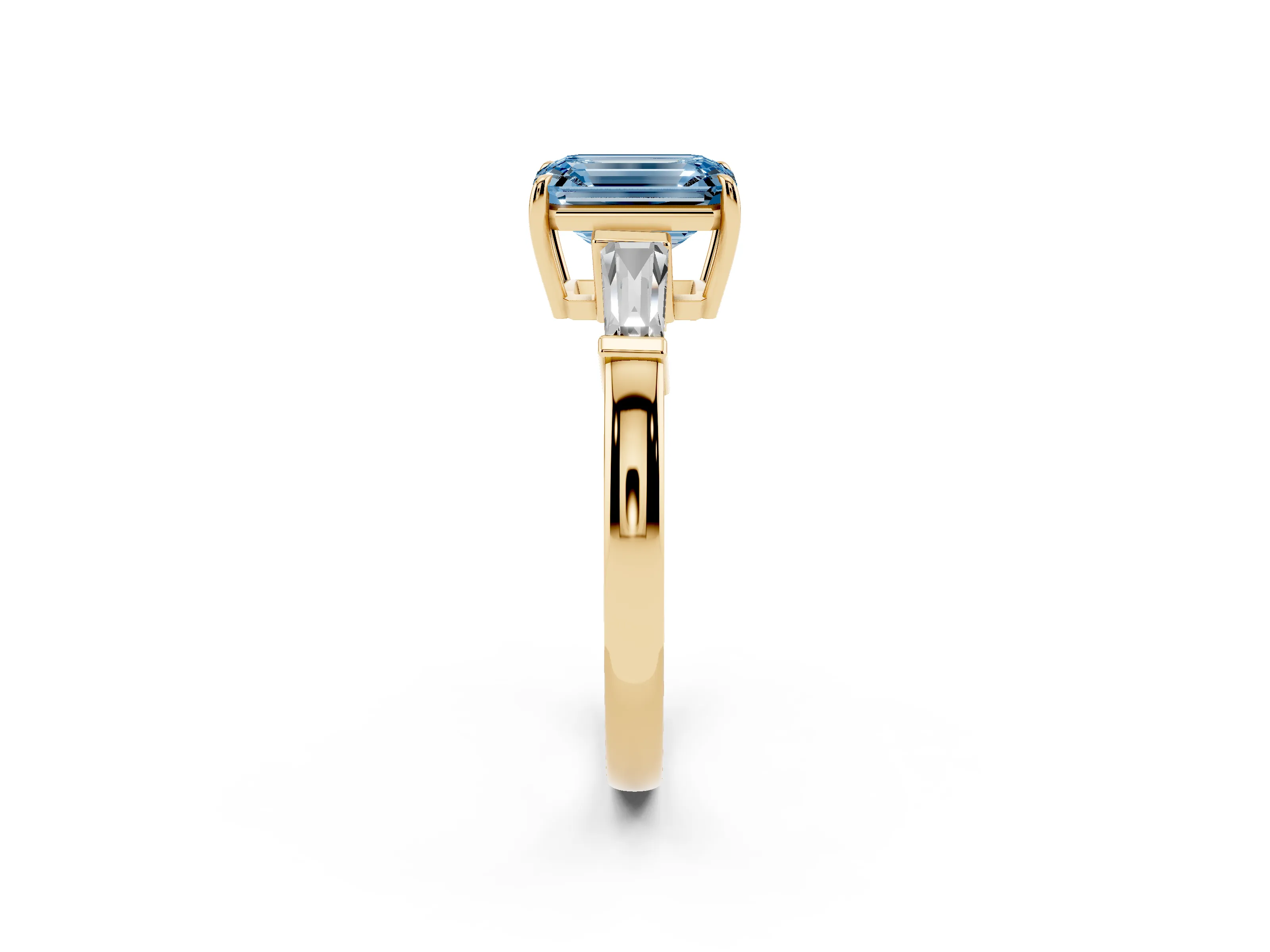 Fancy Blue Emerald Cut Diamond Three-Stone Ring Set in Yellow gold with Tapered Baguette Side Stones and Prong Setting