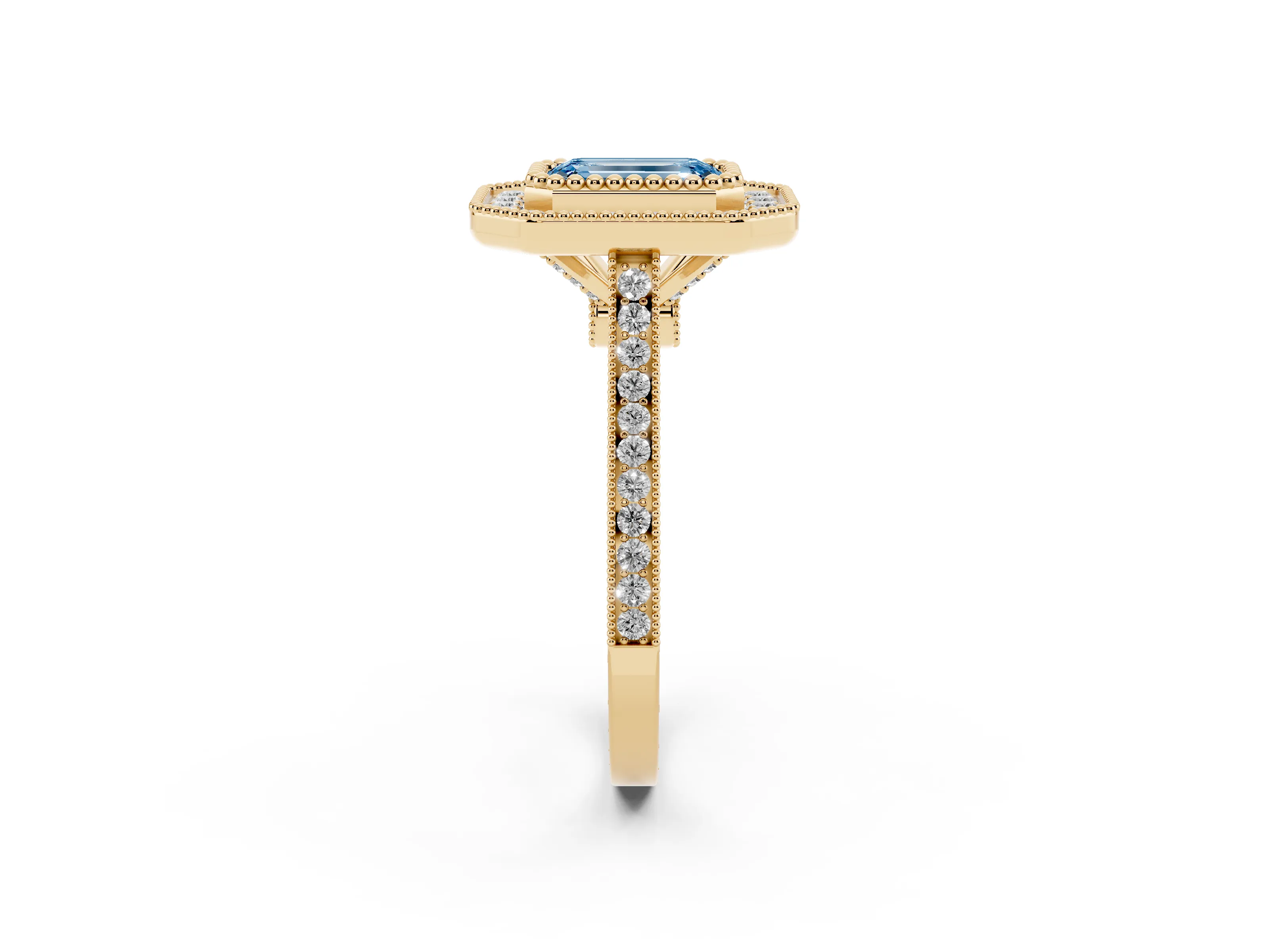 Fancy Blue Emerald Cut Diamond Halo Ring Set in Yellow gold with Milgrain Frame and Pavé Band