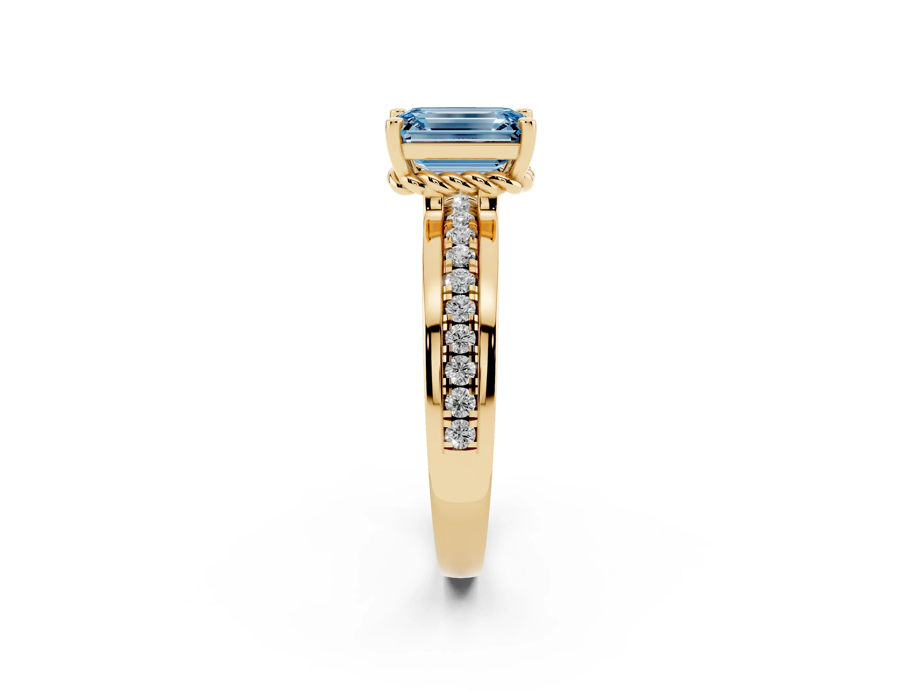 Fancy Blue Emerald Cut Diamond Solitaire Ring Set in Yellow gold with Channel Set Band and Prong Setting