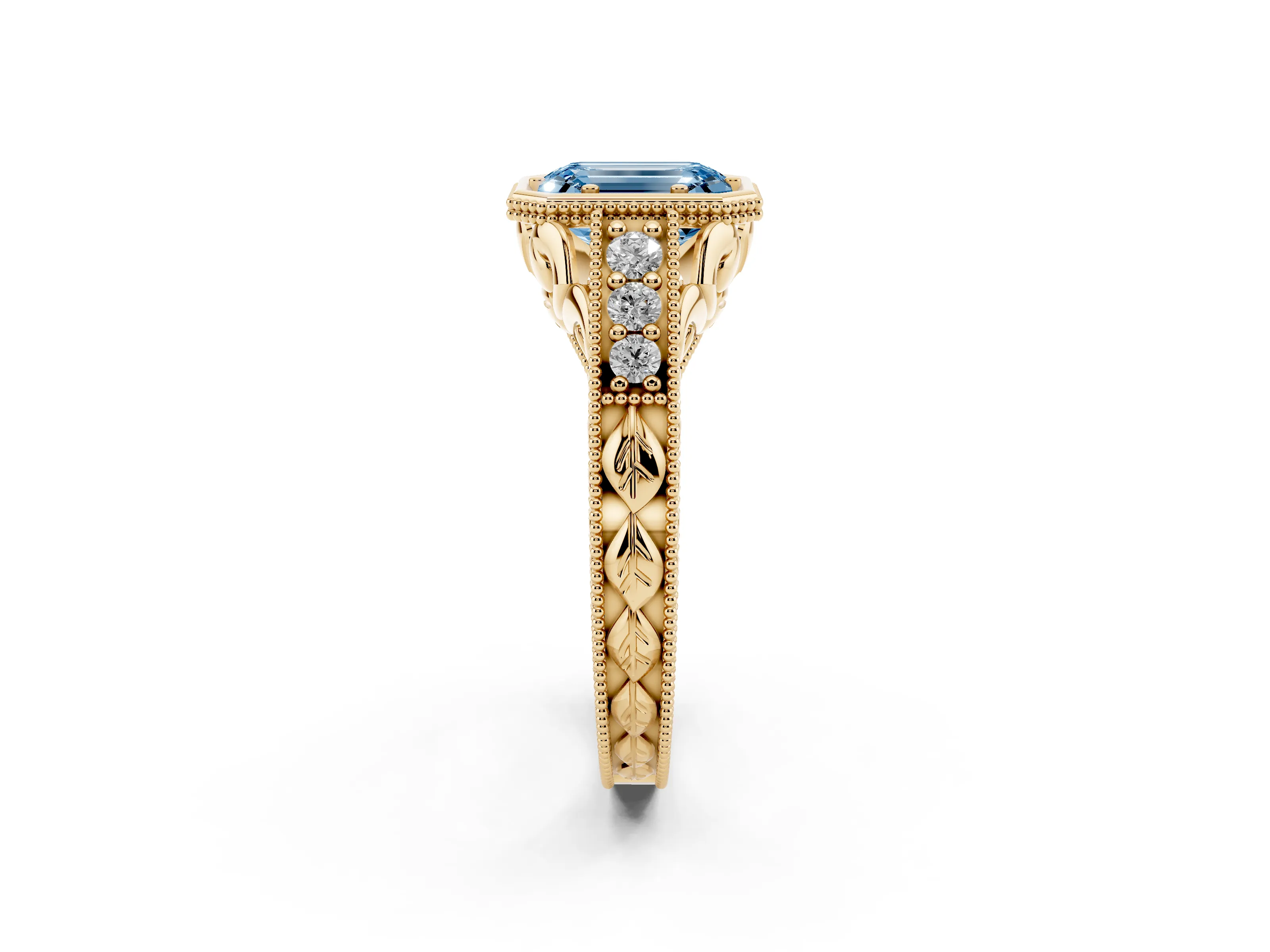 Fancy Blue Bezel Set Emerald Cut Diamond Milgrain Pavé Engagement Ring Set in Yellow gold