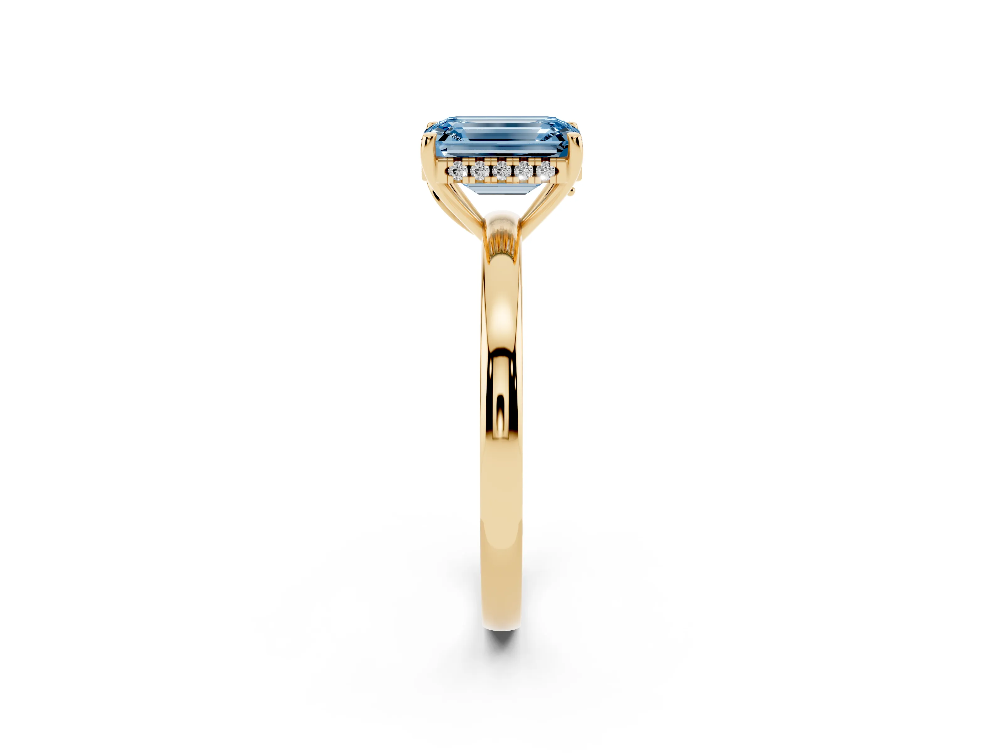 Fancy Blue Emerald Cut Diamond Solitaire Ring Set in Yellow gold with Plain Band and Prong Setting