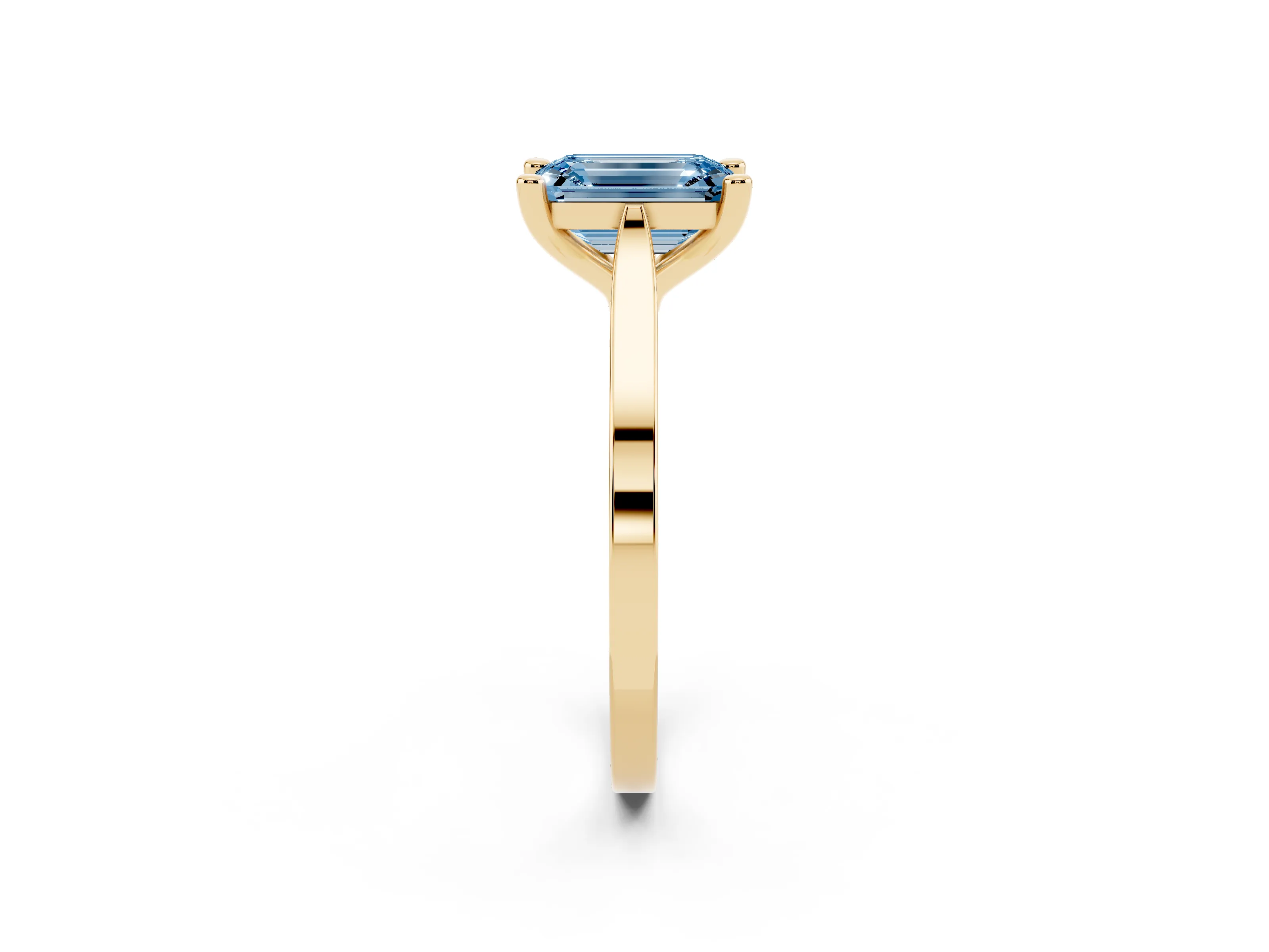 Fancy Blue Emerald Cut Diamond Solitaire Ring Set in Yellow gold with Prong Setting and Tapered Band