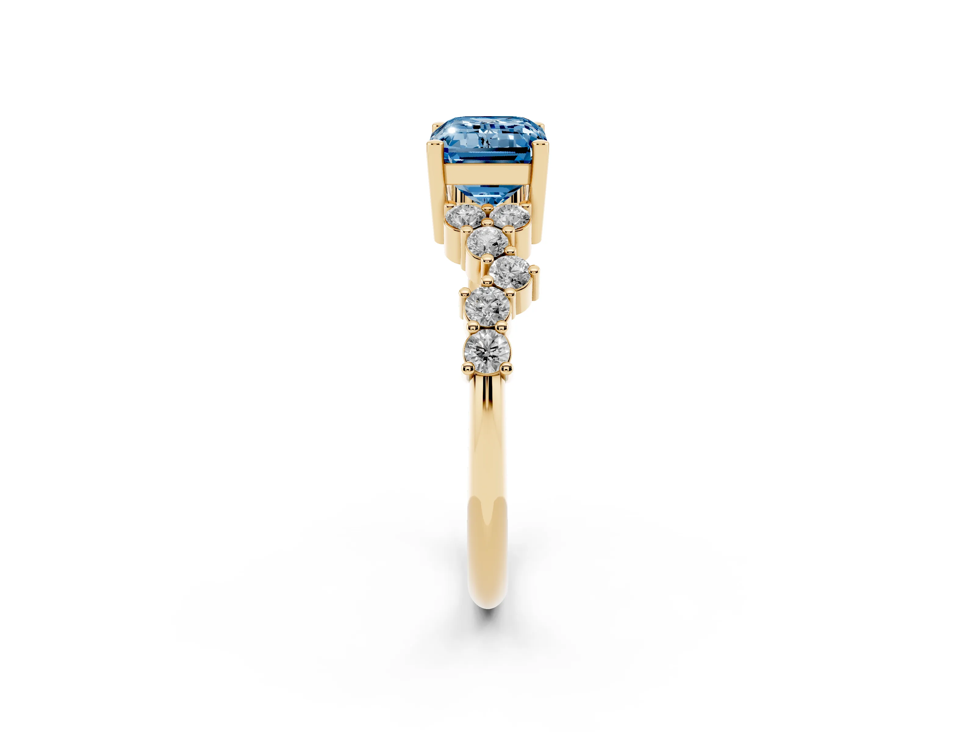 Fancy Blue Emerald Cut Diamond Ring Set in Yellow gold with Scattered Round Accents