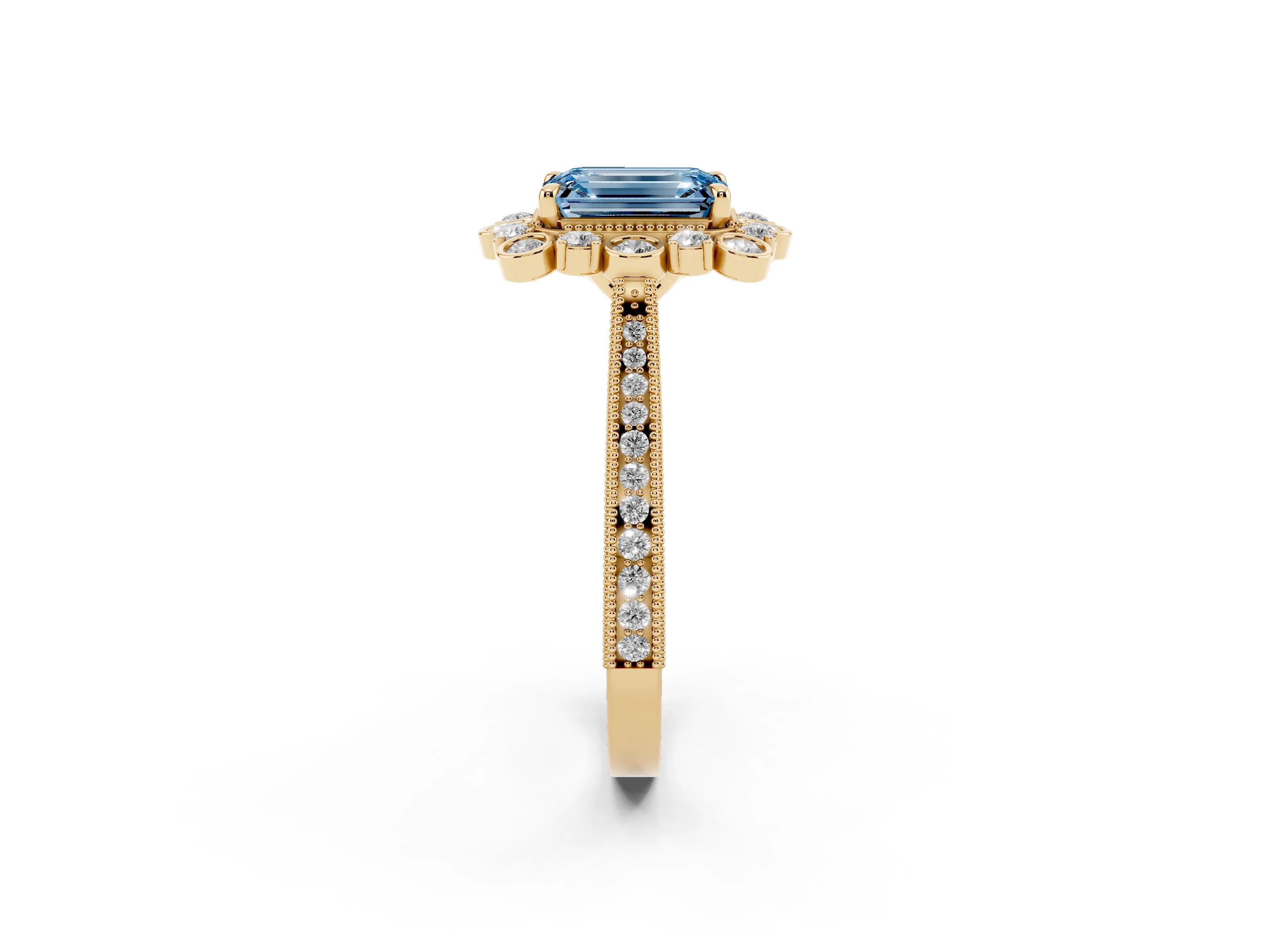 Fancy Blue Emerald Cut Diamond Halo Milgrain Pavé Ring Set in Yellow gold with Prong Setting