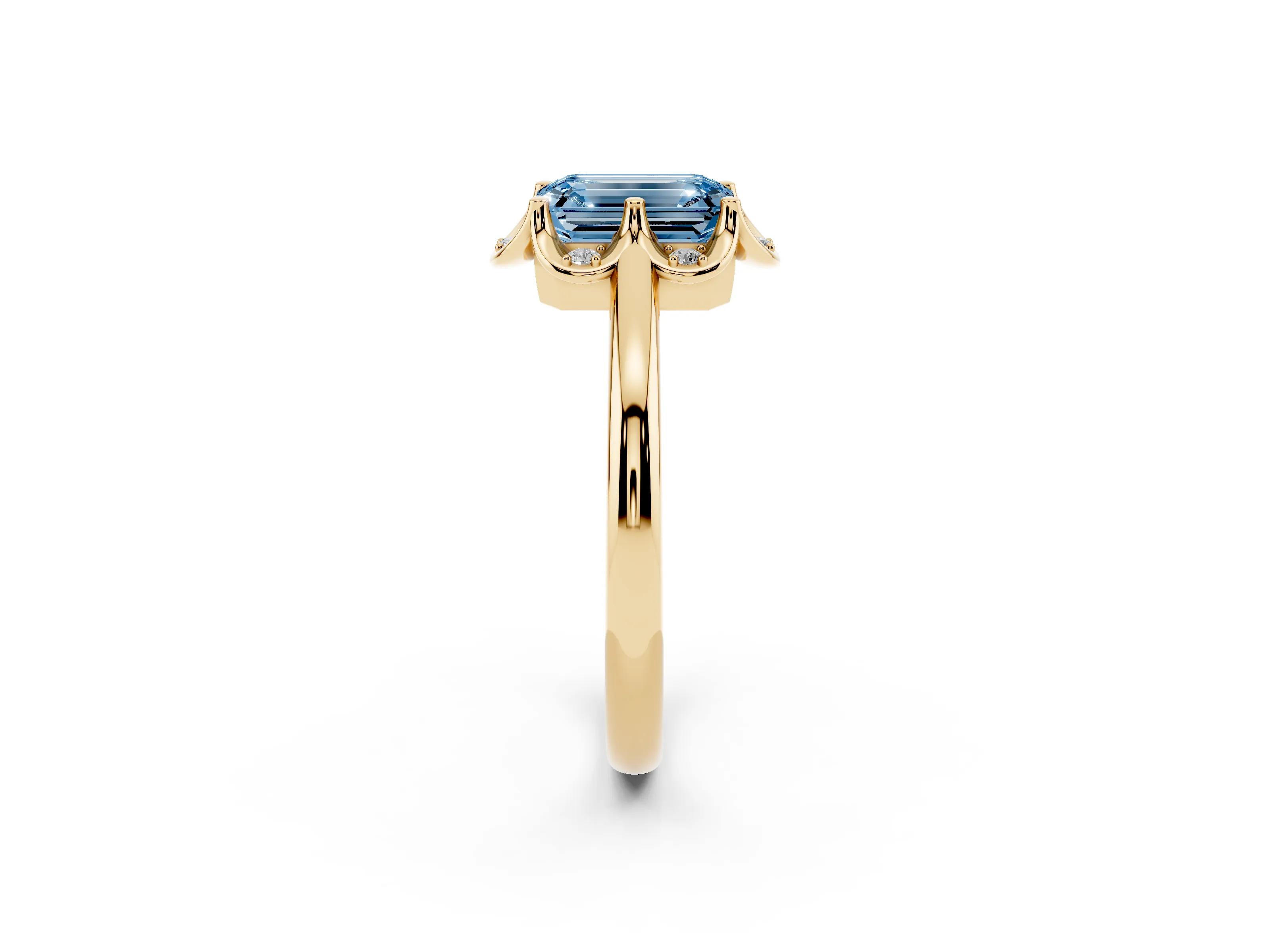 Fancy Blue Emerald Cut Diamond Round Cluster Halo Ring Set in Yellow gold with Solitaire Band and Prong Setting