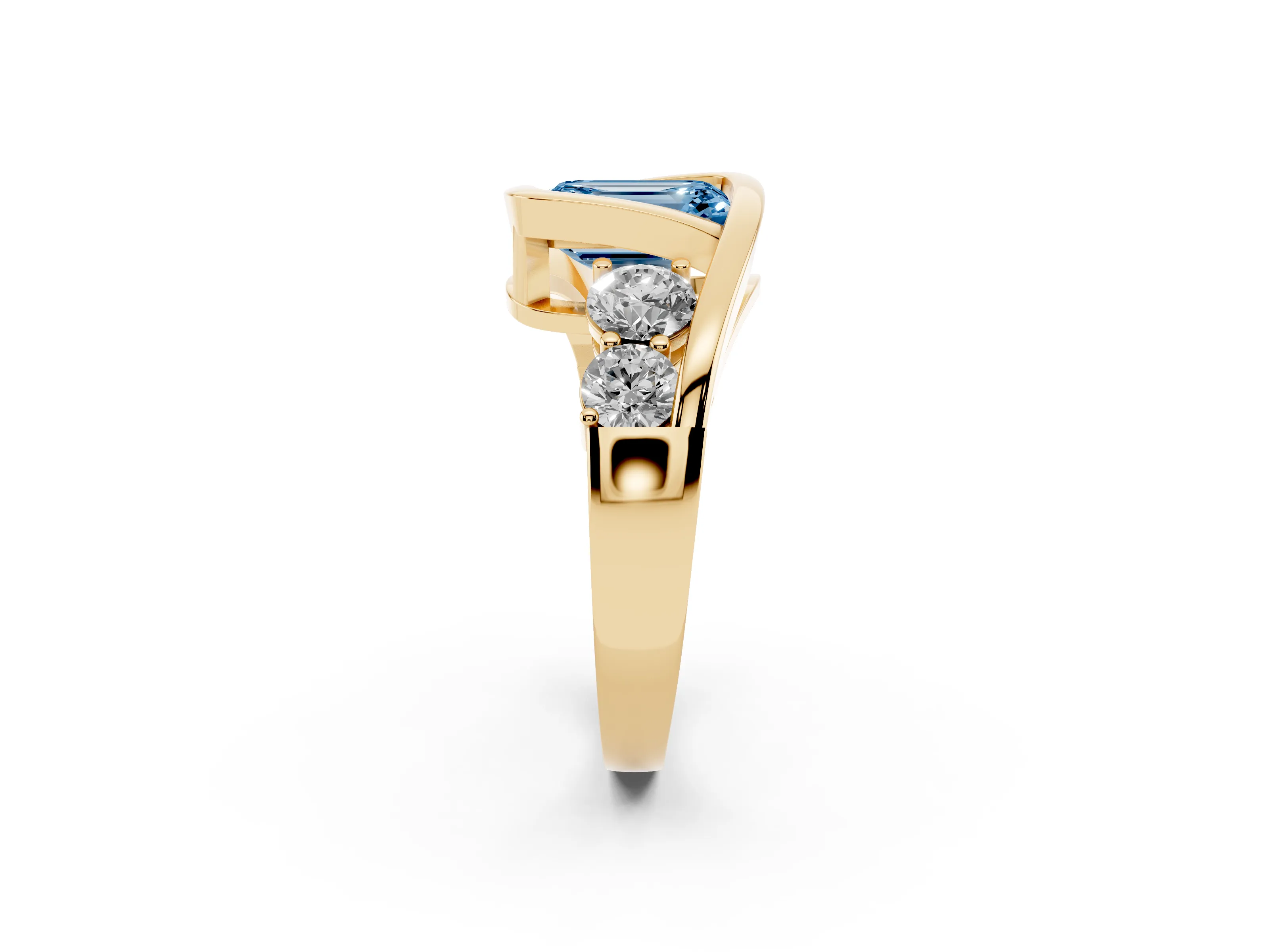 Fancy Blue Emerald Cut Diamond Bezel Bypass Ring Set in Yellow gold with Round Accents