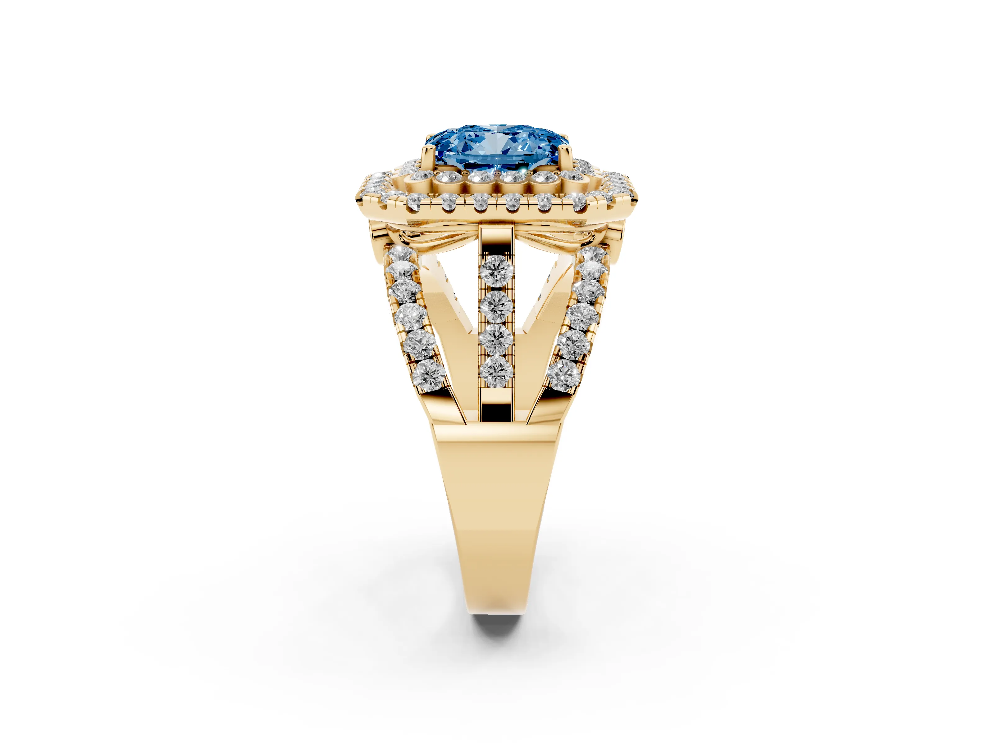 Fancy Blue Emerald Cut Diamond Double Halo Ring Set in Yellow gold with Round Pavé Split Shank